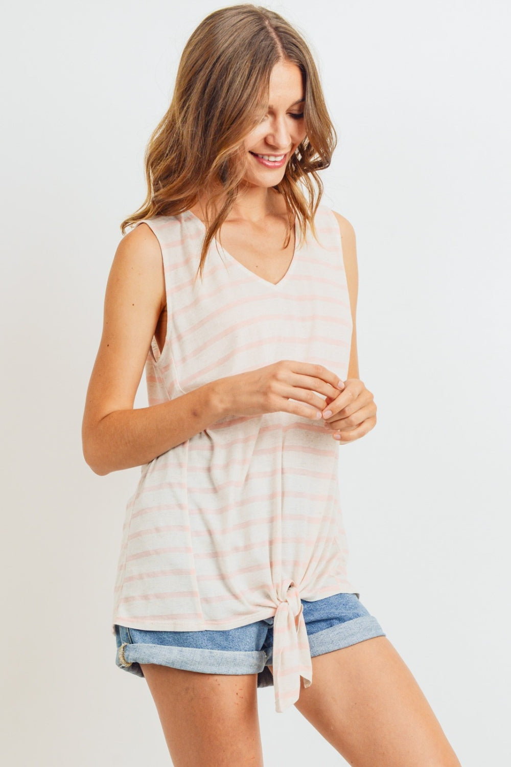 Sleeveless front tie striped top, opaque.