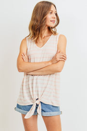 Sleeveless front tie striped top, opaque.