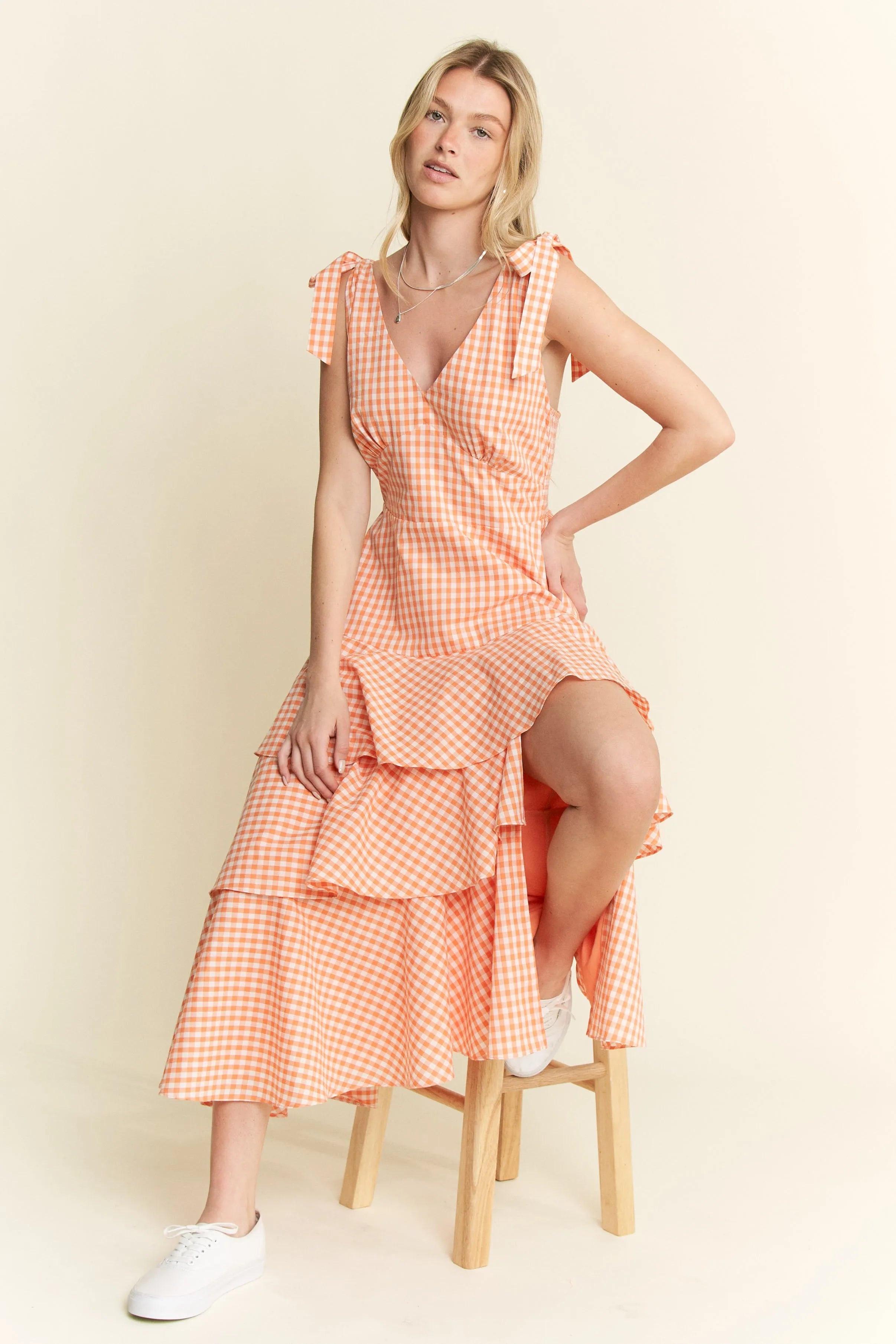 Jade by Jane Sleeveless Gingham Print Tiered Midi Dress.