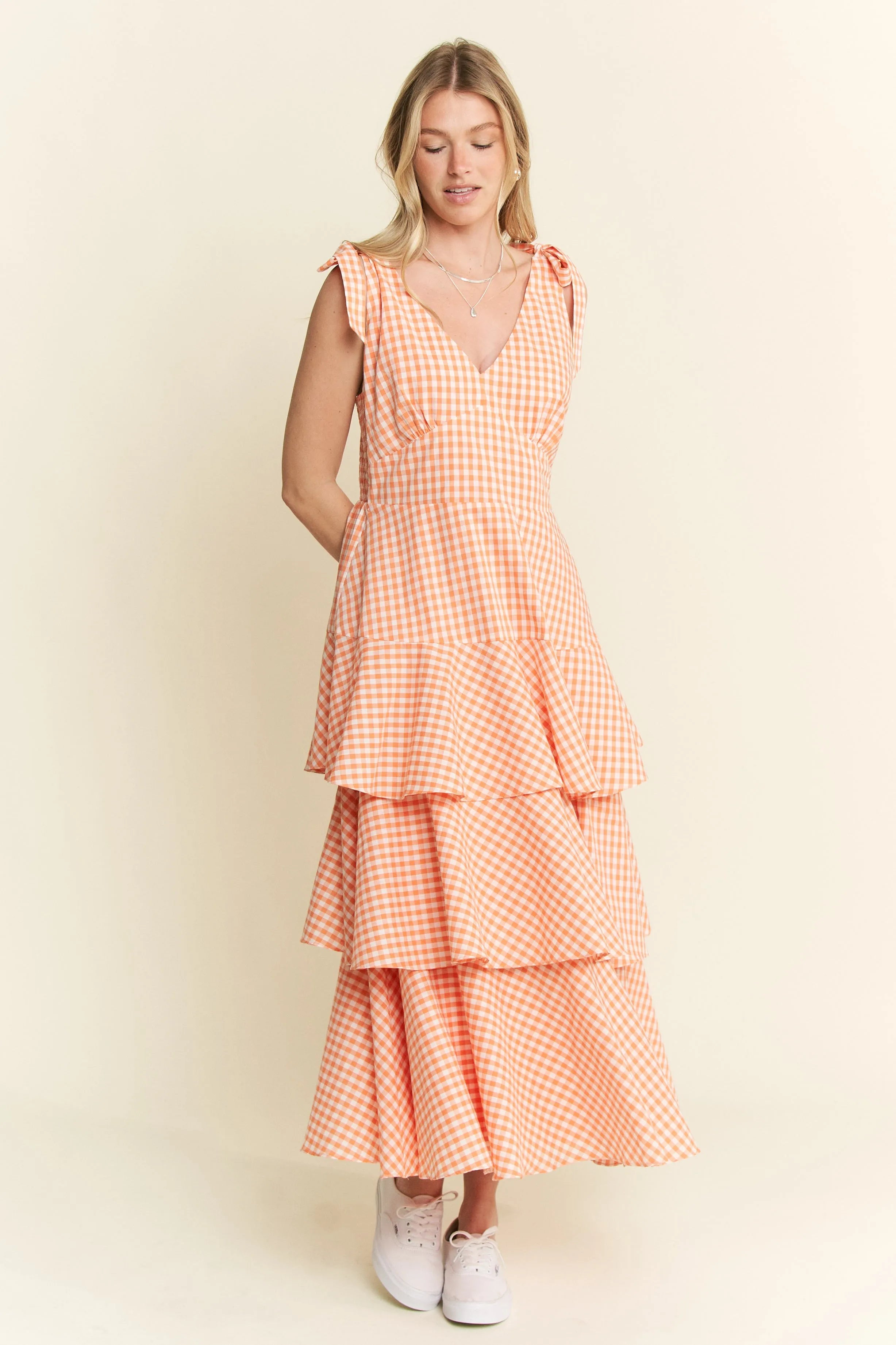 Jade by Jane Sleeveless Gingham Print Tiered Midi Dress.