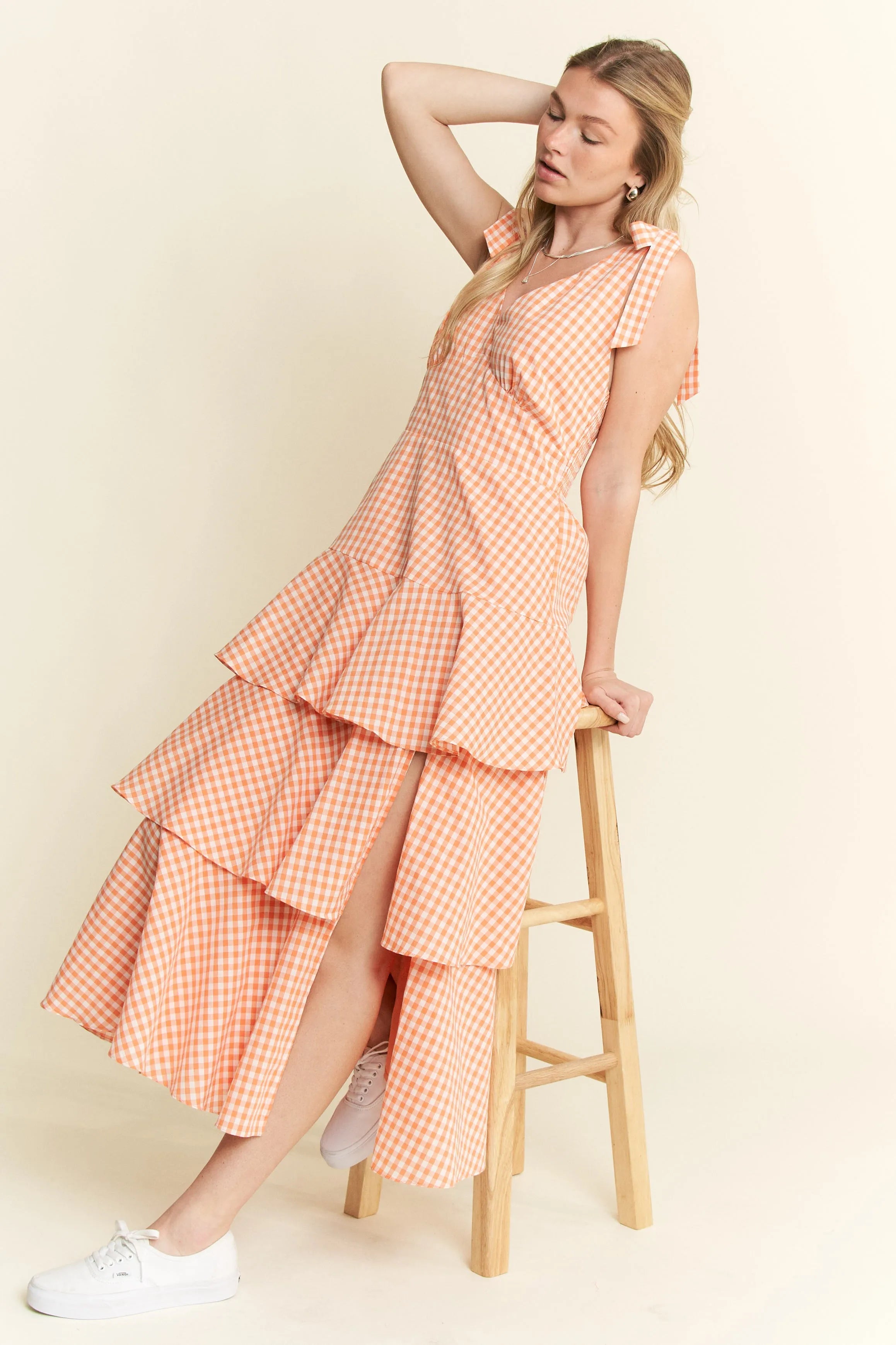 Jade by Jane Sleeveless Gingham Print Tiered Midi Dress.