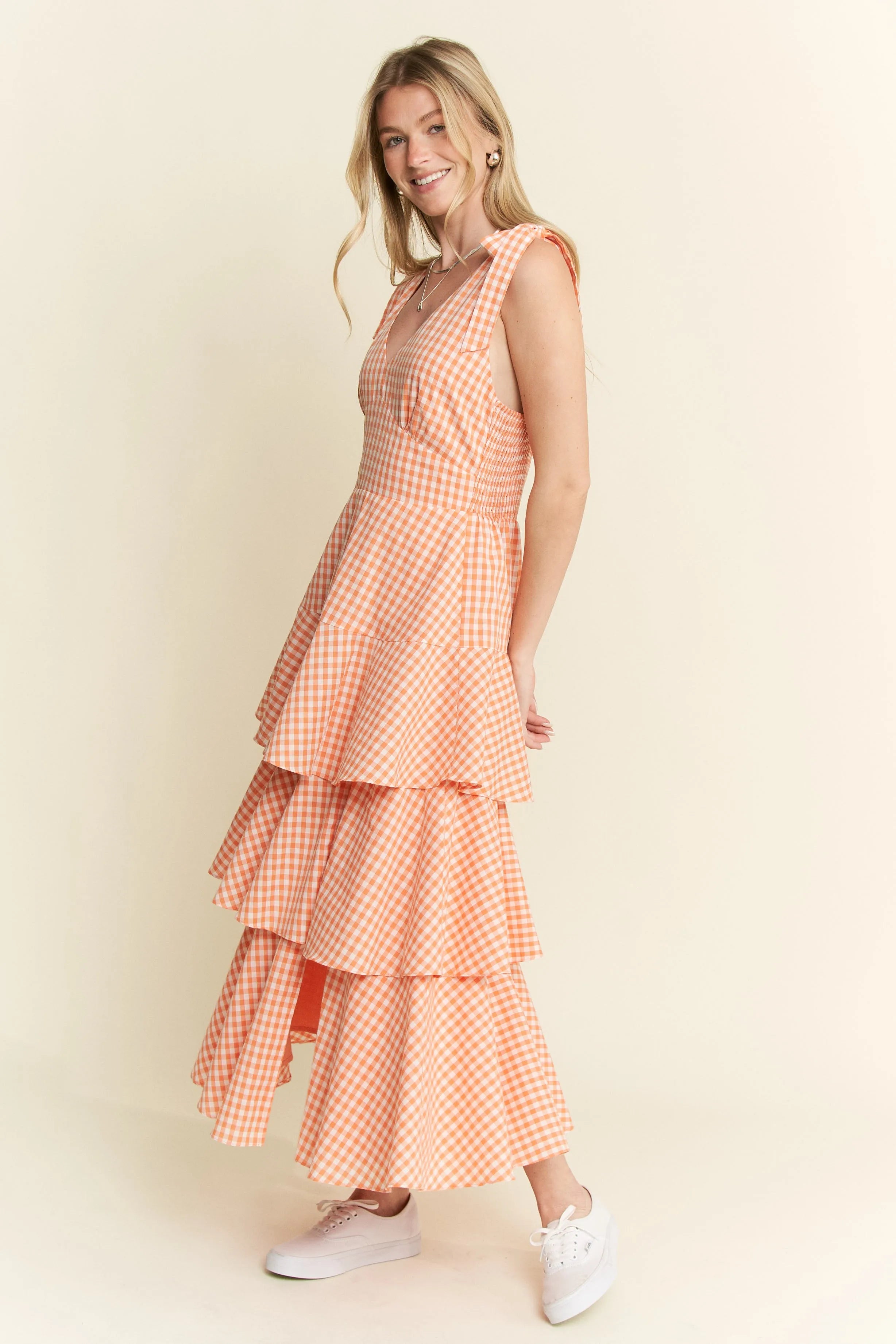 Jade by Jane Sleeveless Gingham Print Tiered Midi Dress.