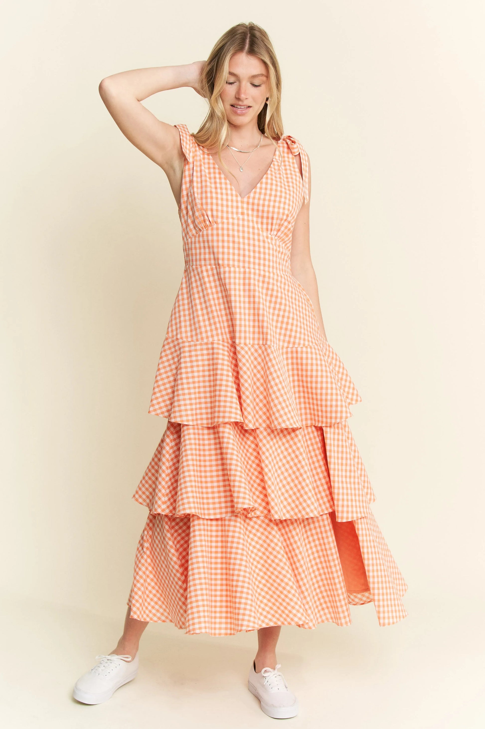 Jade by Jane Sleeveless Gingham Print Tiered Midi Dress.