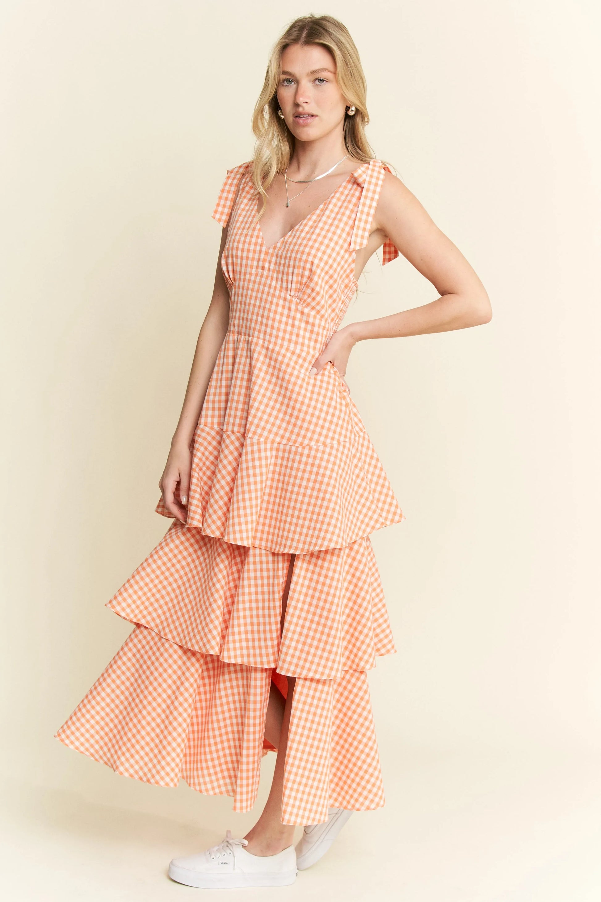 Jade by Jane Sleeveless Gingham Print Tiered Midi Dress.