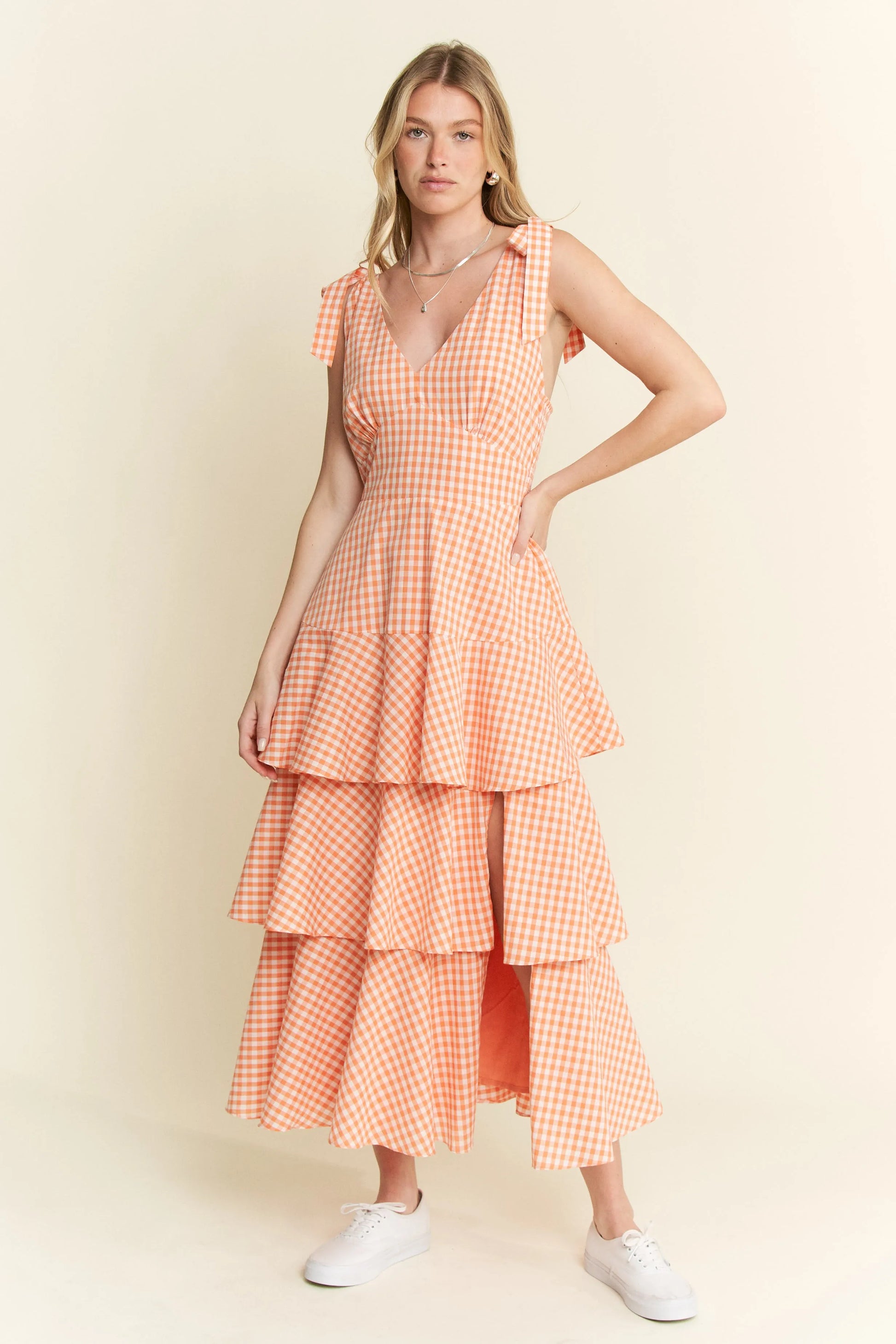 Jade by Jane Sleeveless Gingham Print Tiered Midi Dress.