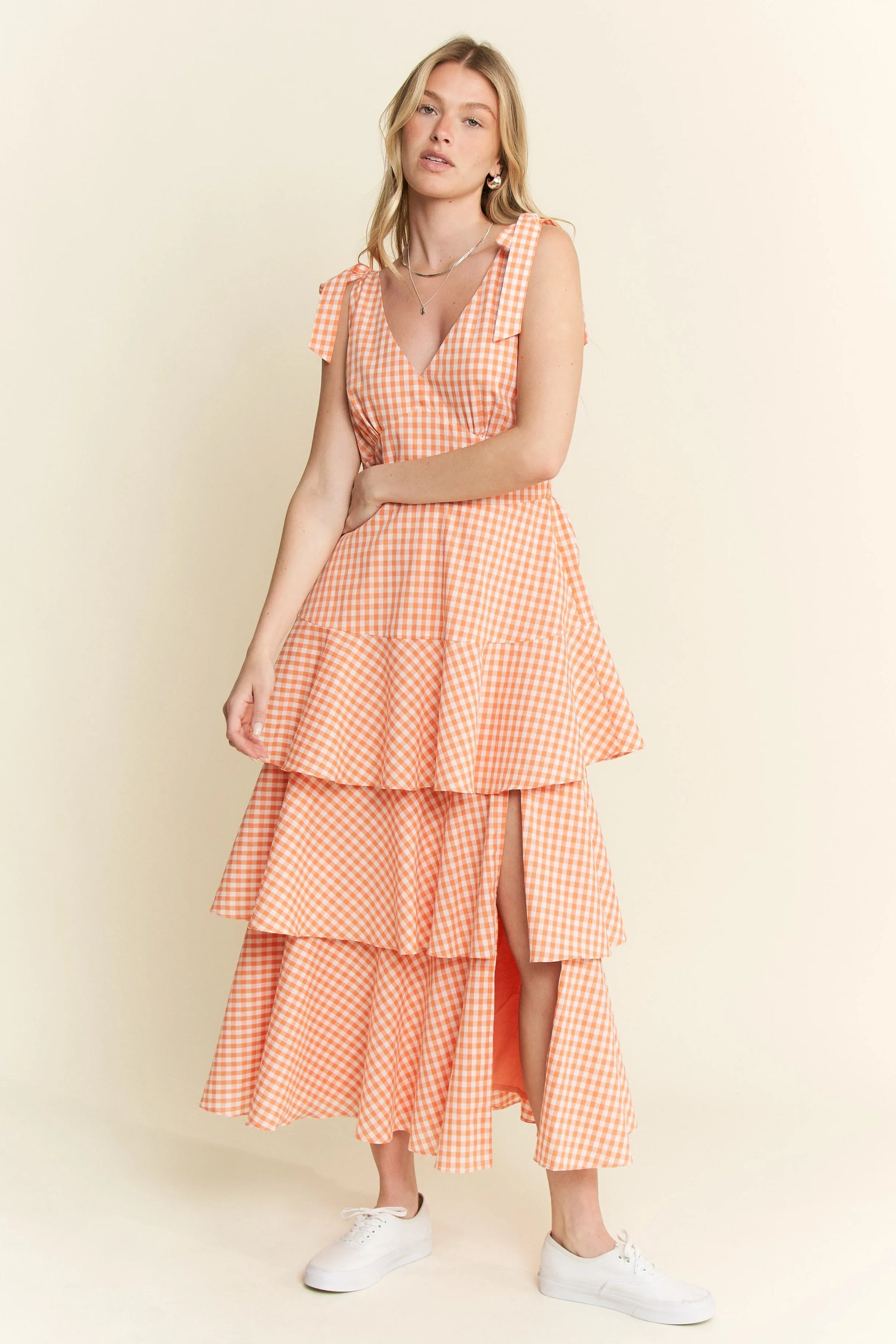 Jade by Jane Sleeveless Gingham Print Tiered Midi Dress.