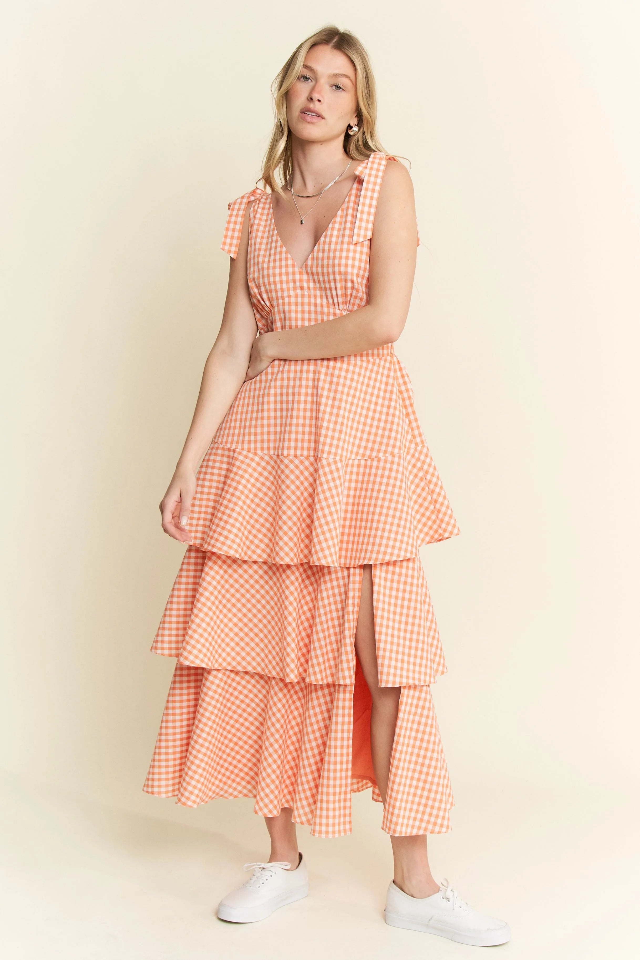 Jade by Jane Sleeveless Gingham Print Tiered Midi Dress.