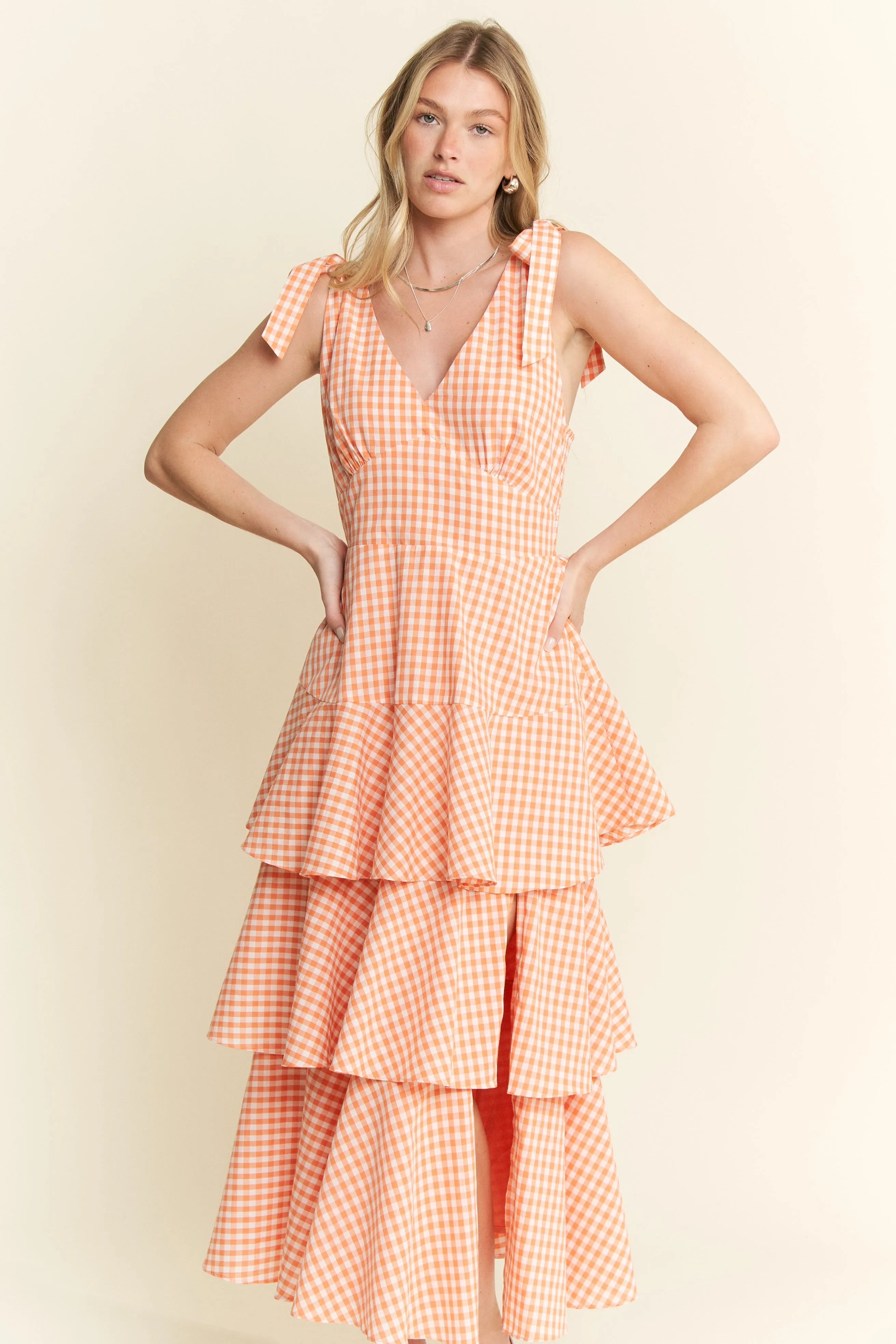 Jade by Jane Sleeveless Gingham Print Tiered Midi Dress.
