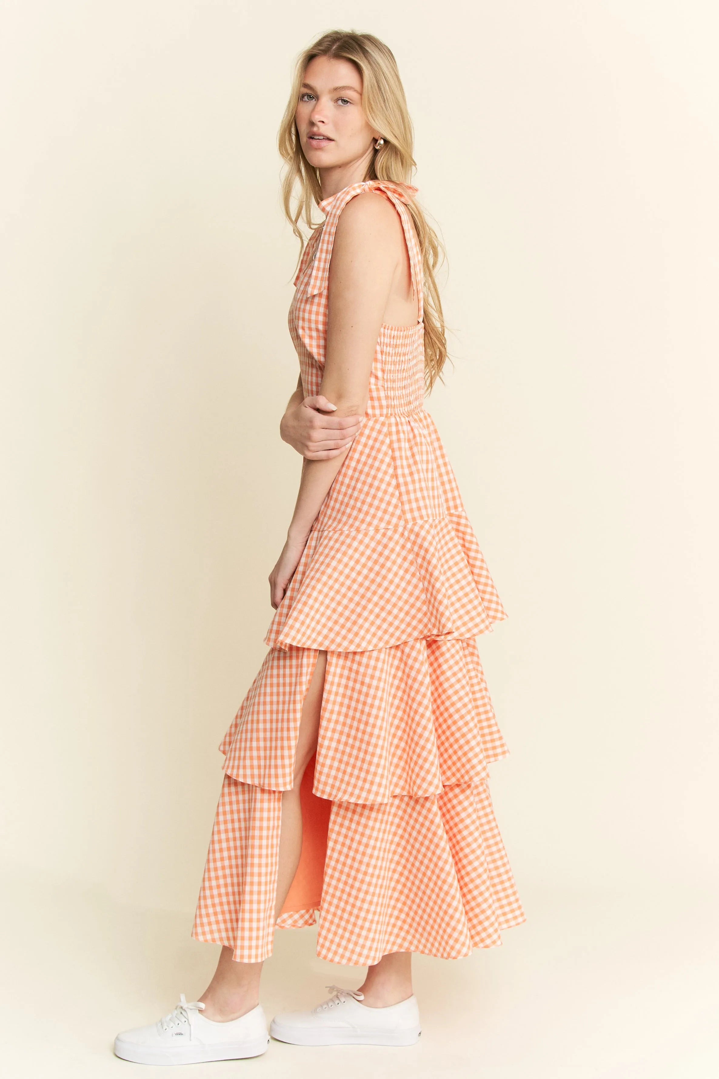 Jade by Jane Sleeveless Gingham Print Tiered Midi Dress.