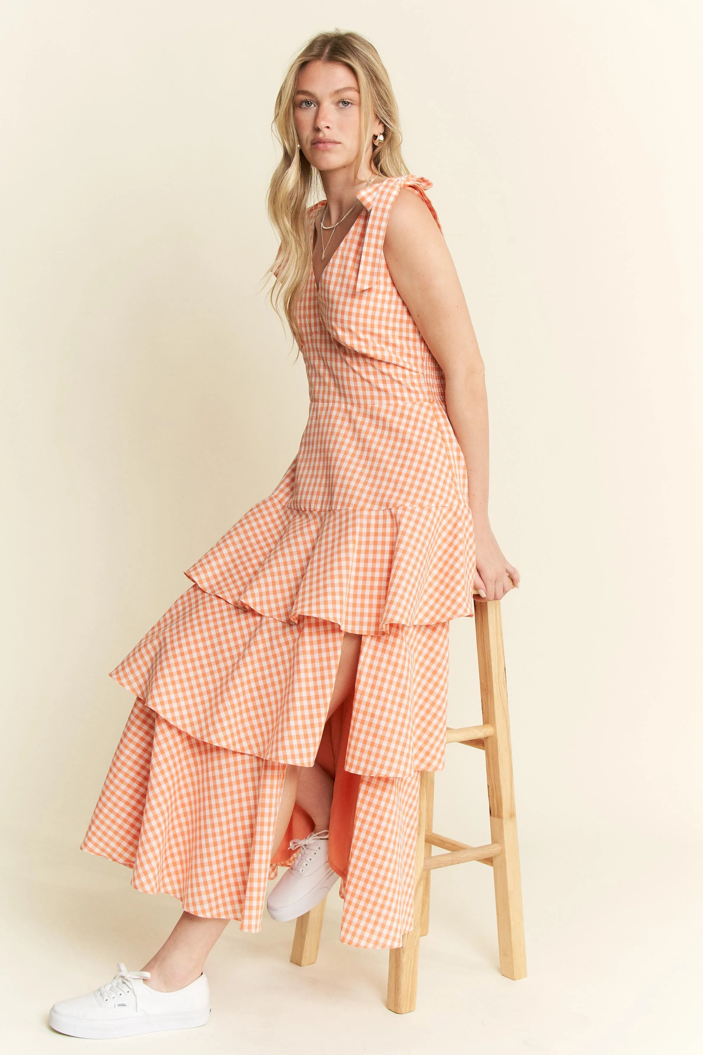 Jade by Jane Sleeveless Gingham Print Tiered Midi Dress.