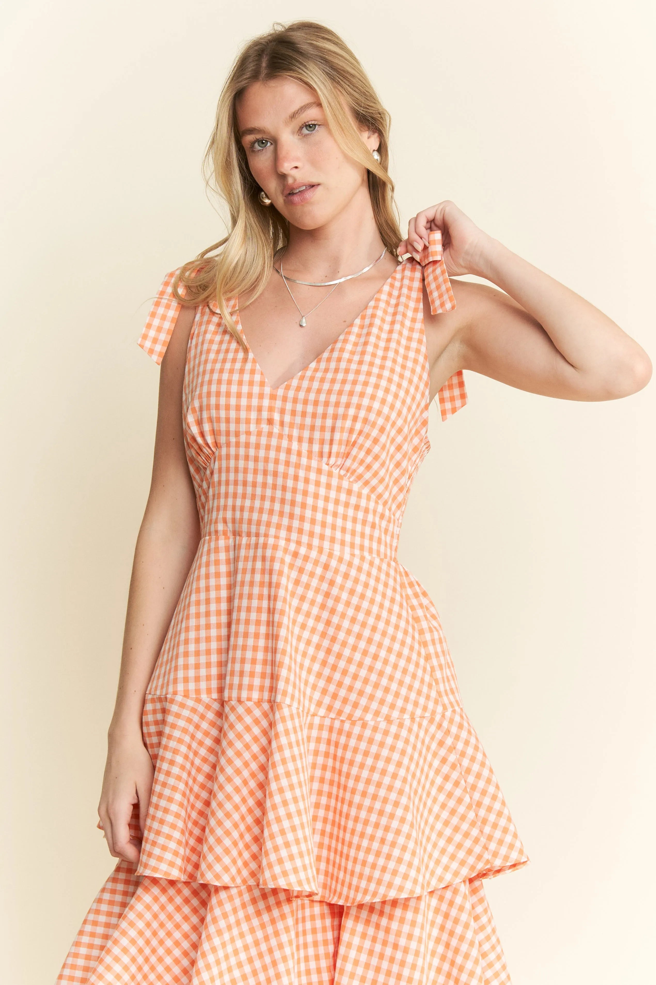 Jade by Jane Sleeveless Gingham Print Tiered Midi Dress.