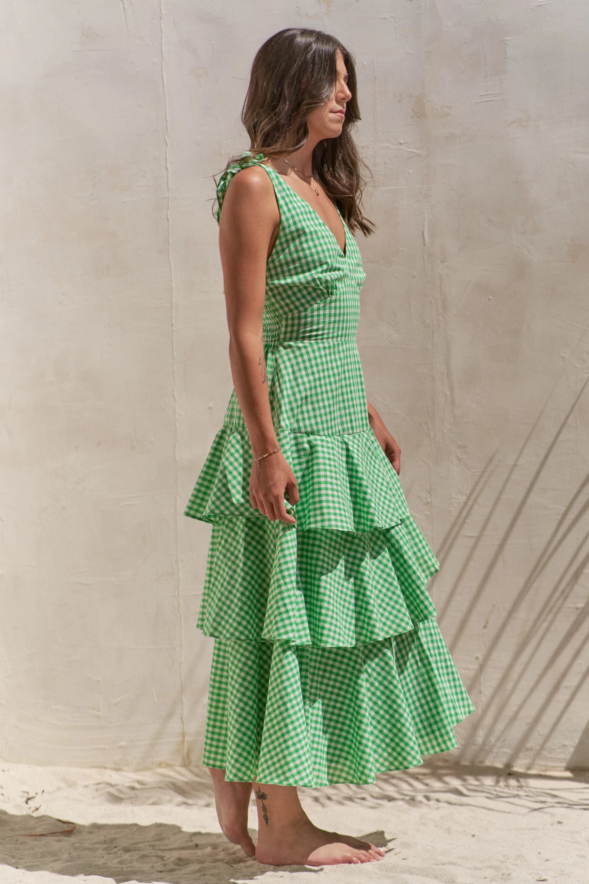 Jade by Jane Full Size Sleeveless Gingham Print Tiered Midi Dress Plus Size.