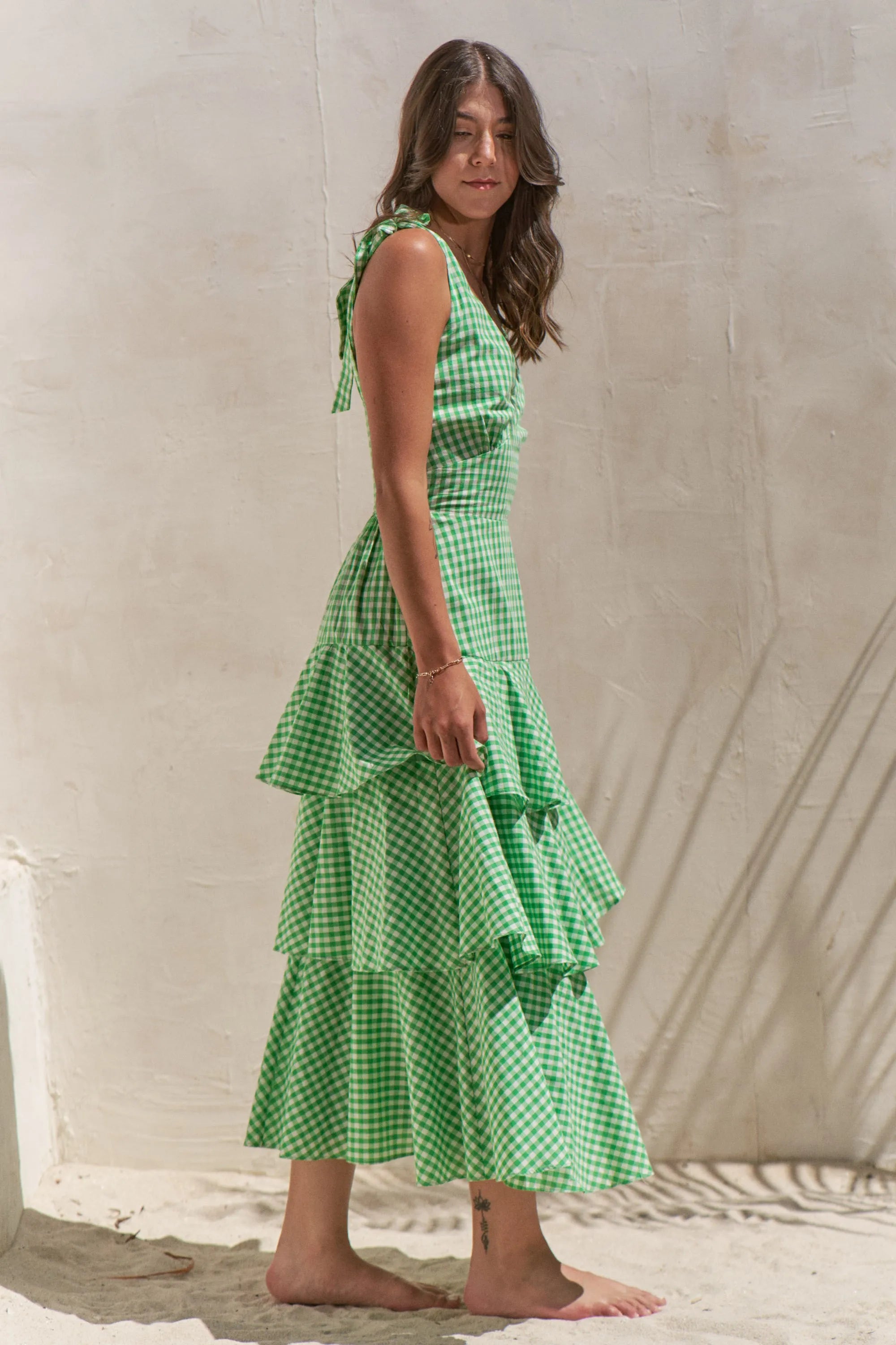 Jade by Jane Full Size Sleeveless Gingham Print Tiered Midi Dress Plus Size.