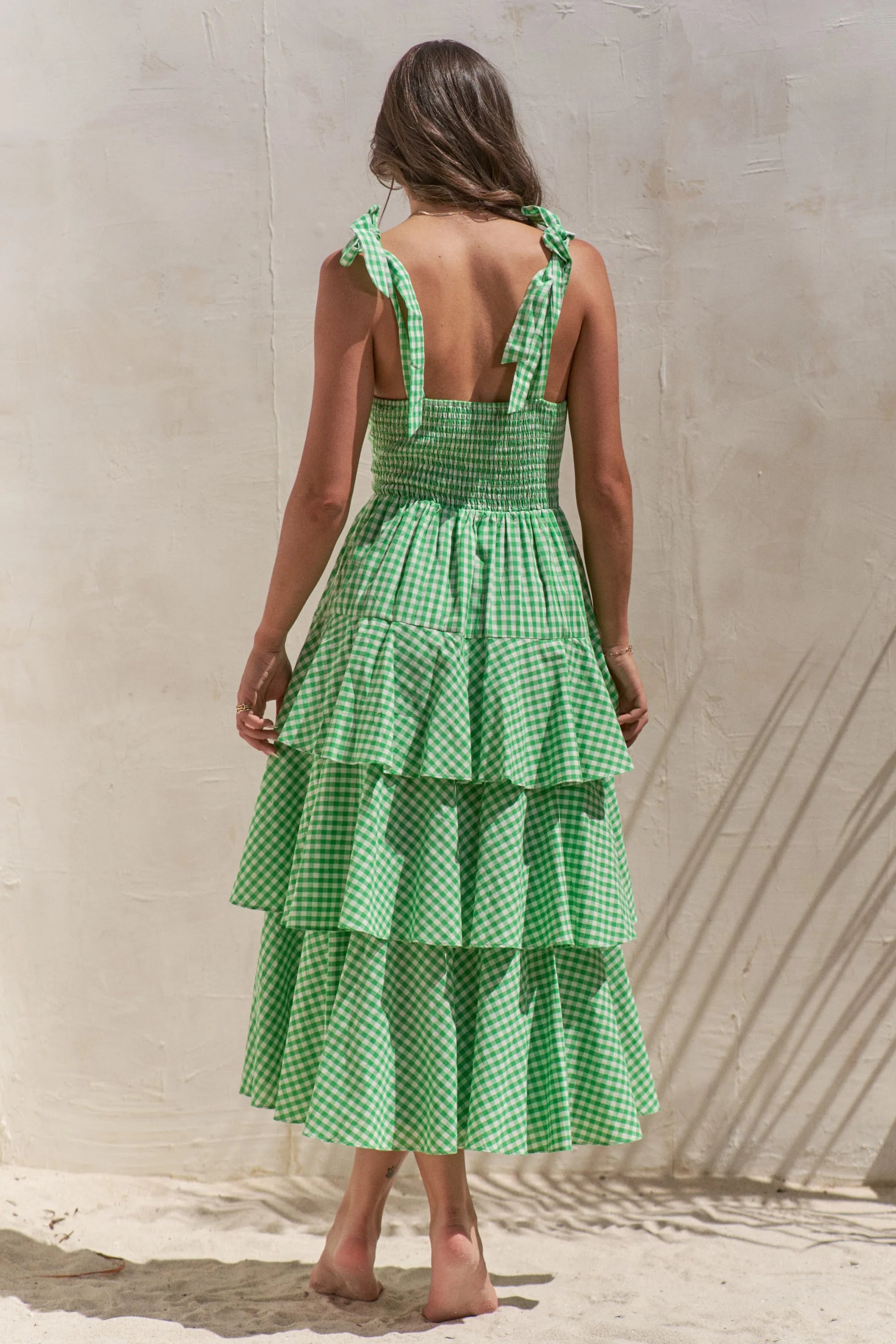 Jade by Jane Full Size Sleeveless Gingham Print Tiered Midi Dress Plus Size.
