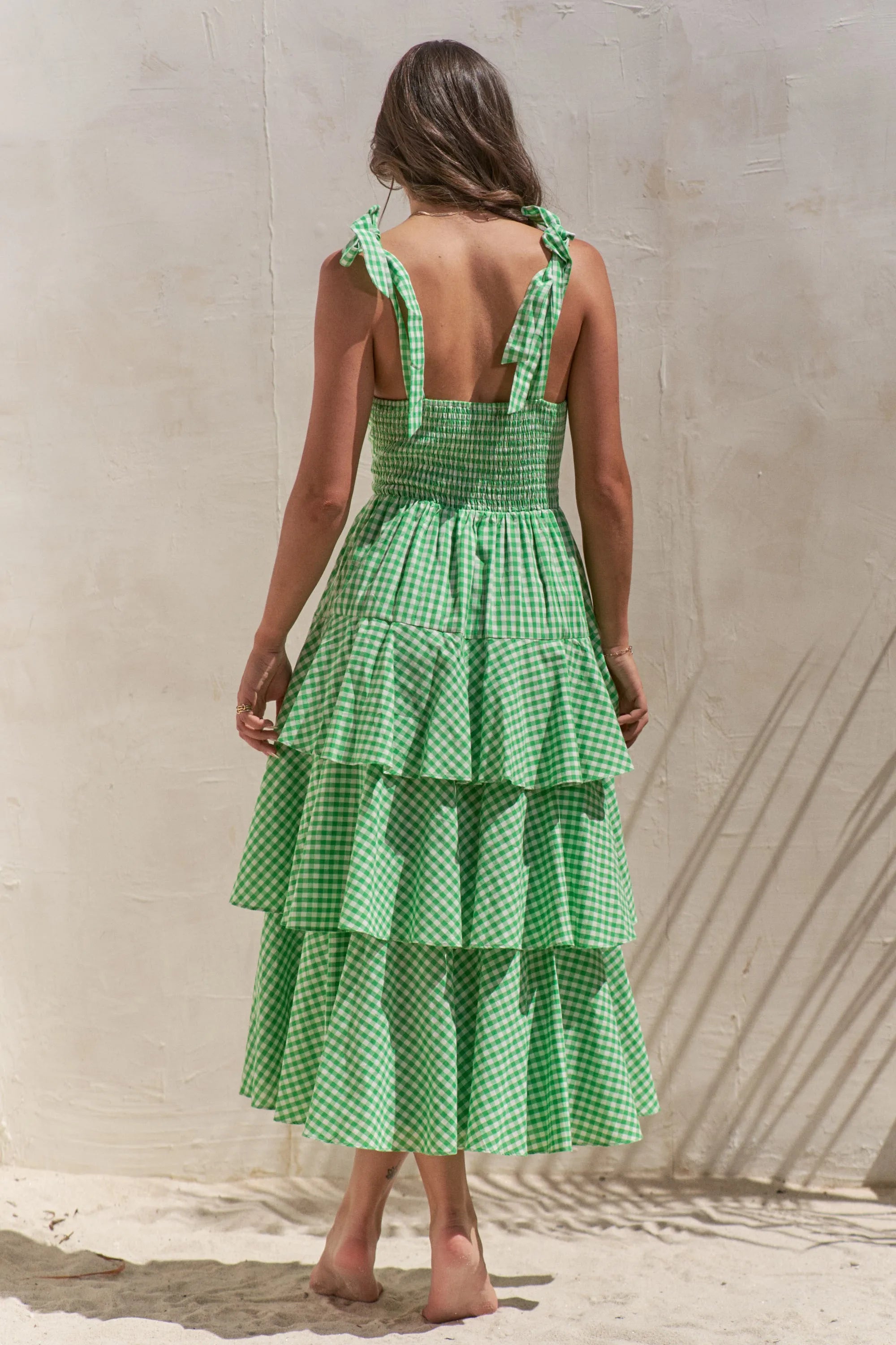 Jade by Jane Full Size Sleeveless Gingham Print Tiered Midi Dress Plus Size.