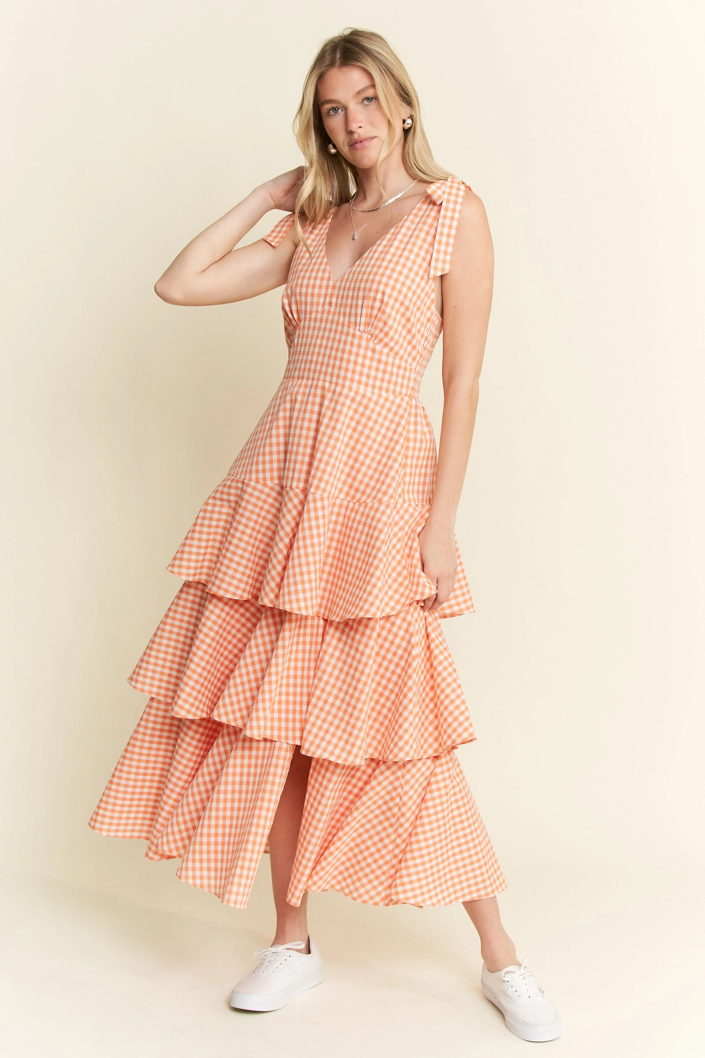 Jade by Jane Sleeveless Gingham Print Tiered Midi Dress.