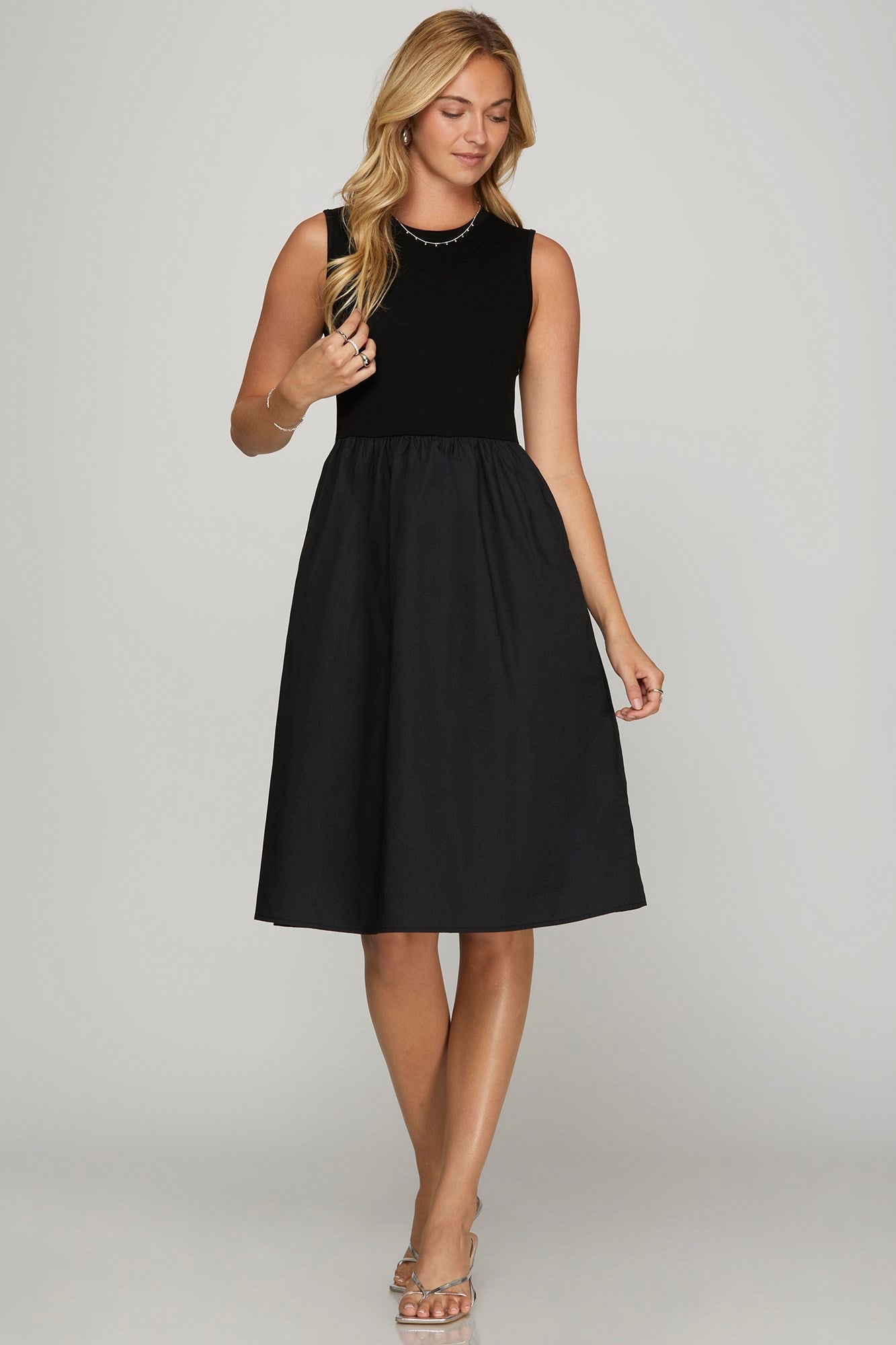 She Sky Full Size Sleeveless Poplin Woven Midi Dress with Pockets Plus Size.