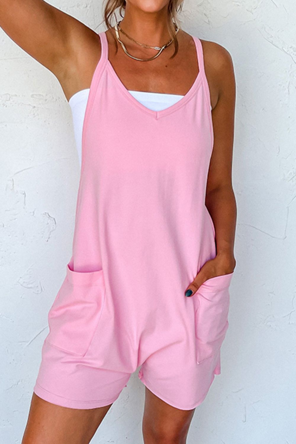 Sleeveless Romper with Pockets.