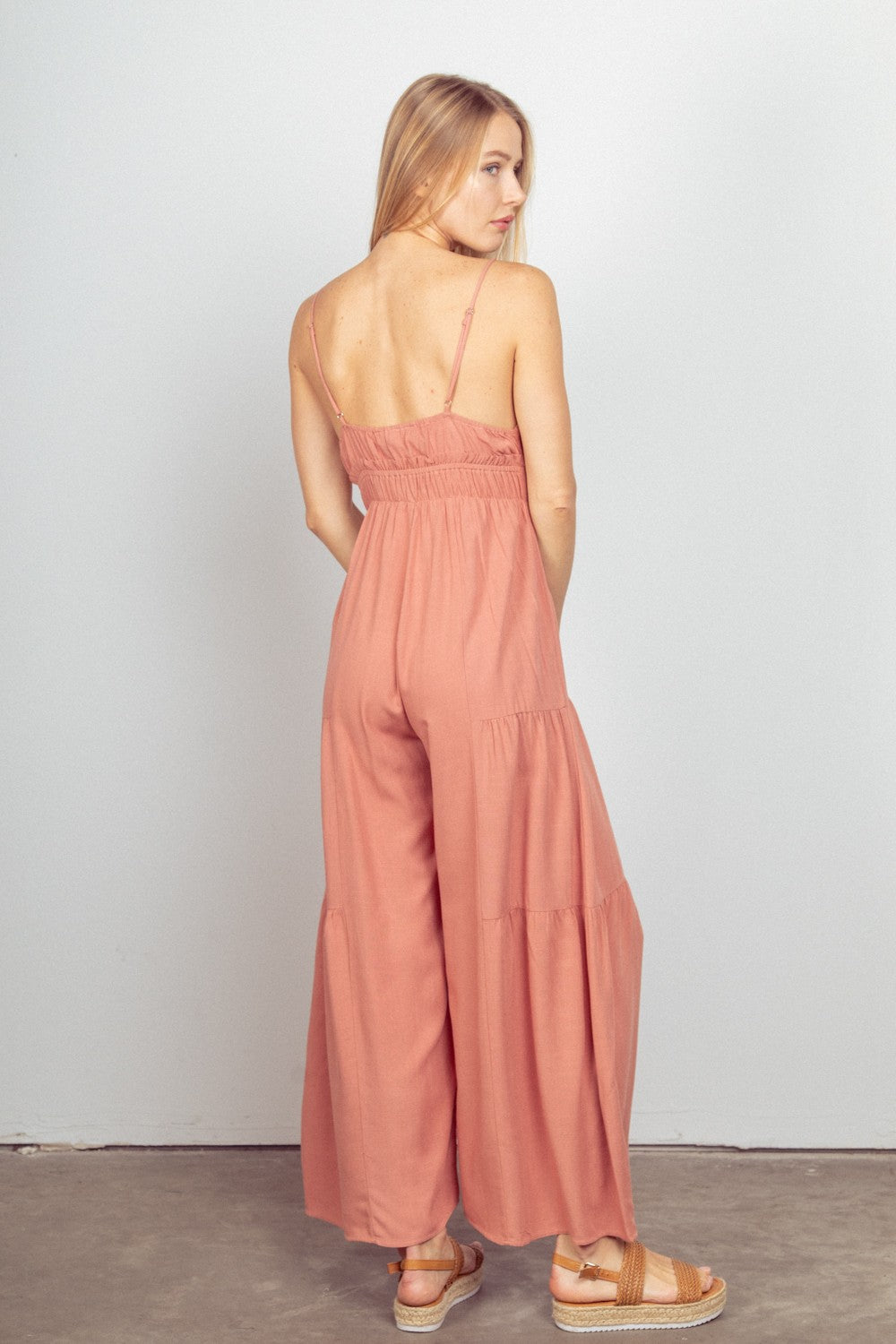 Sleeveless Ruched Wide Leg Jumpsuit.
