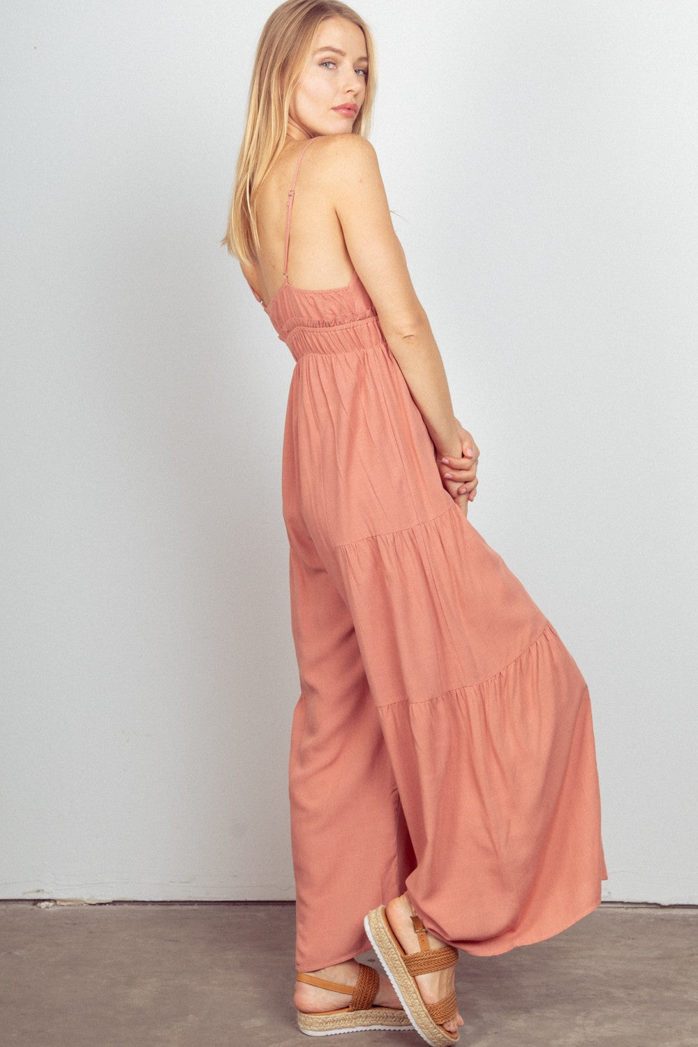 Sleeveless Ruched Wide Leg Jumpsuit.