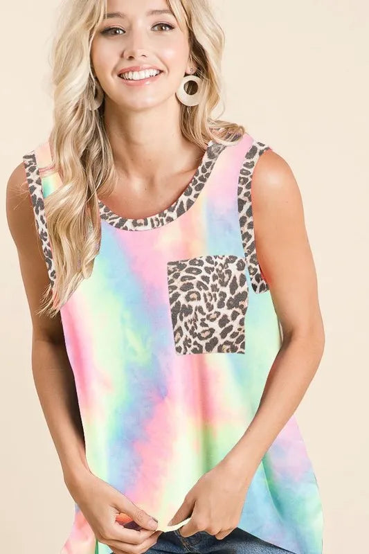 Sleeveless tie dye top with leopard band and pockets, moderately stretchy.
