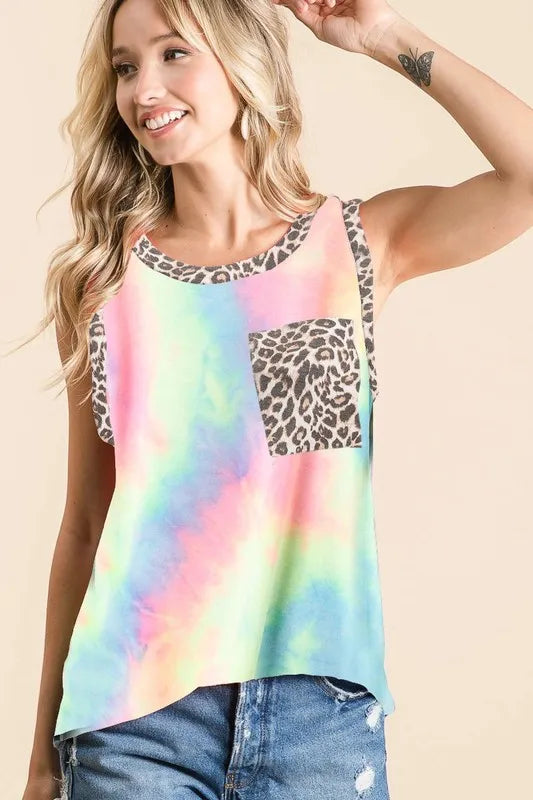 Sleeveless tie dye top with leopard band and pockets, moderately stretchy.