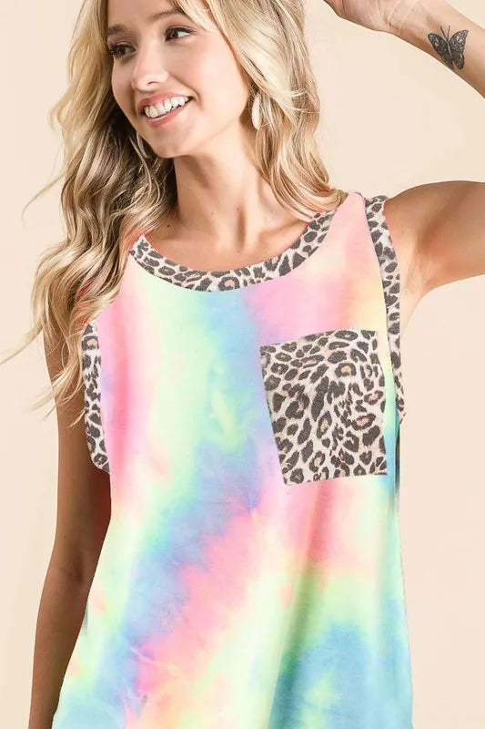 Sleeveless tie dye top with leopard band and pockets, moderately stretchy.