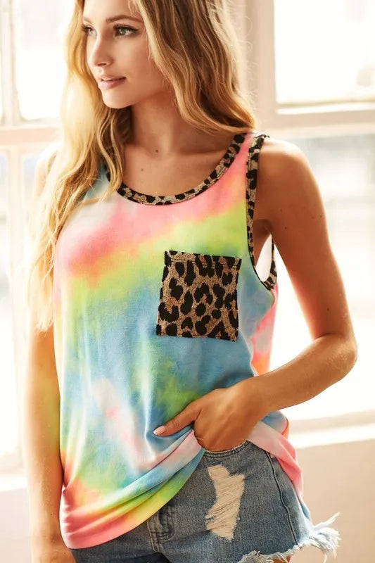 Sleeveless tie dye top with leopard band and pockets, slightly stretchy.