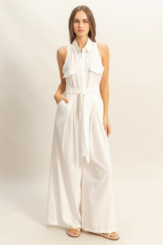 Sleeveless Tie Waist Wide Leg Jumpsuit with Pockets.