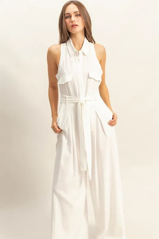 Sleeveless Tie Waist Wide Leg Jumpsuit with Pockets.