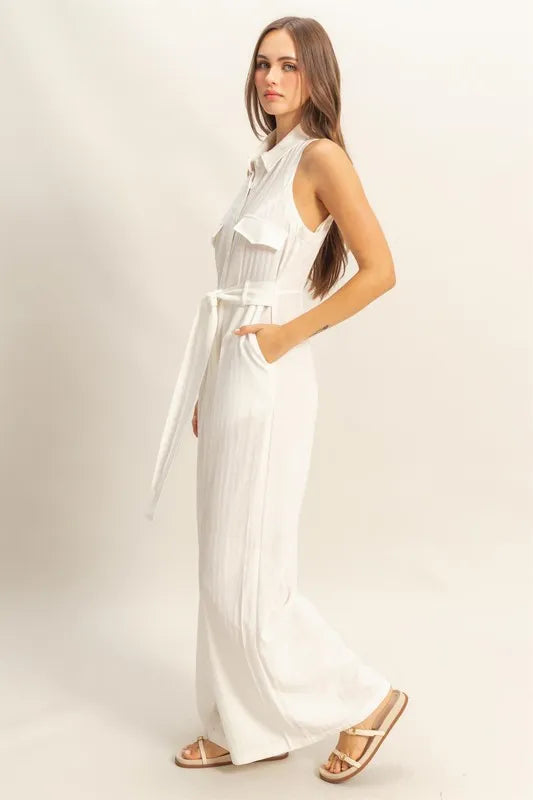Sleeveless Tie Waist Wide Leg Jumpsuit with Pockets.