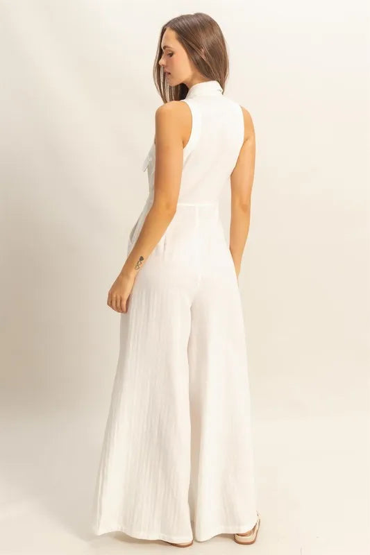 Sleeveless Tie Waist Wide Leg Jumpsuit with Pockets.