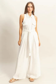 Placket Chest Pockets Short Sleeve Wide Leg Jumpsuit with Buttons.