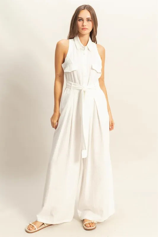 Placket Chest Pockets Short Sleeve Wide Leg Jumpsuit with Buttons.