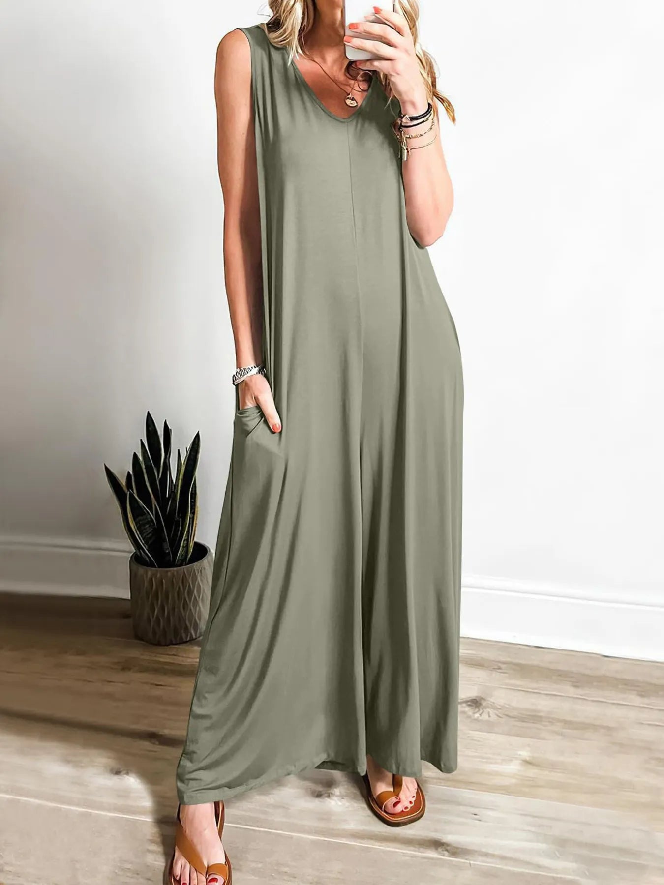 Sleeveless V-Neck Jumpsuit with Pockets