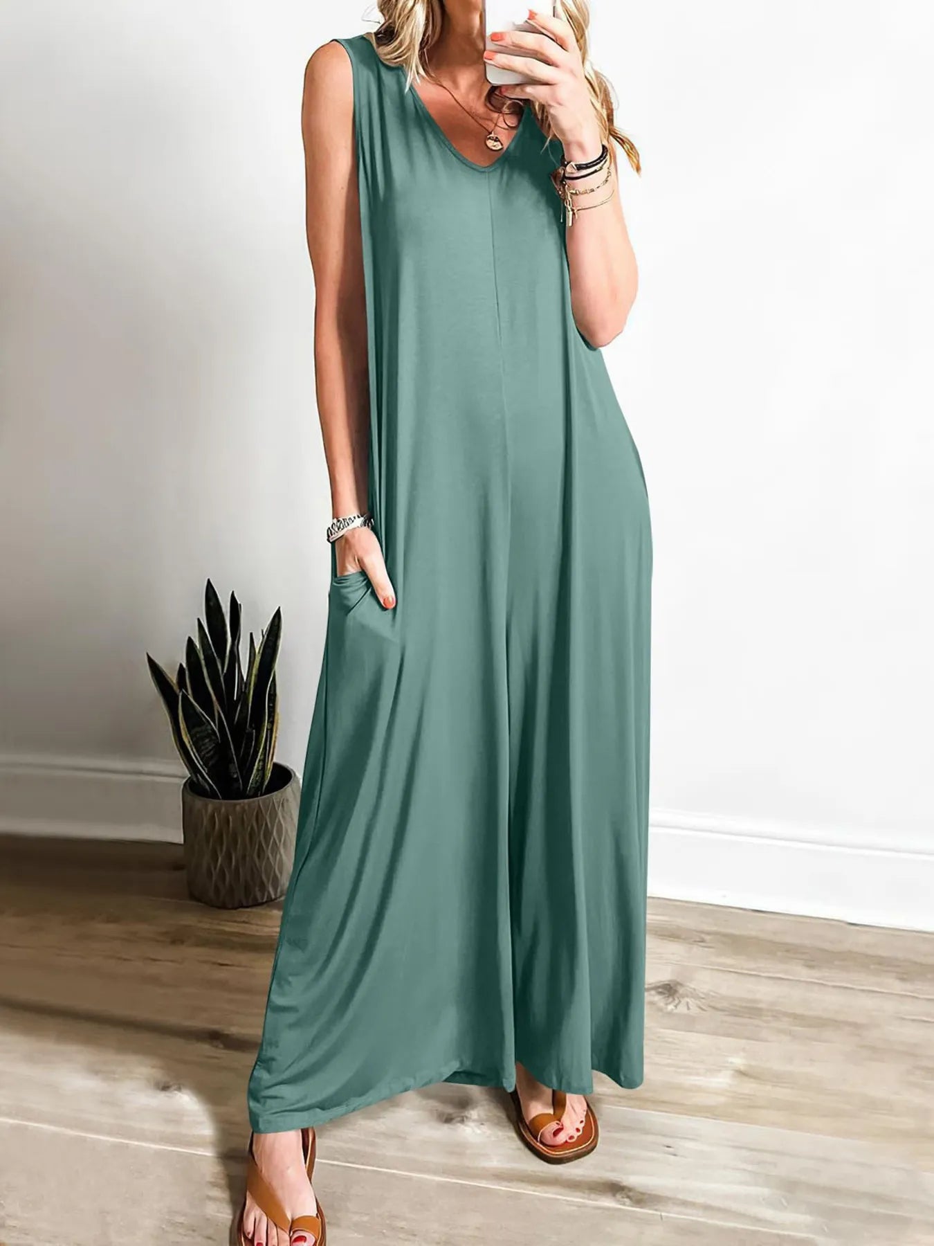 Sleeveless V-Neck Jumpsuit with Pockets