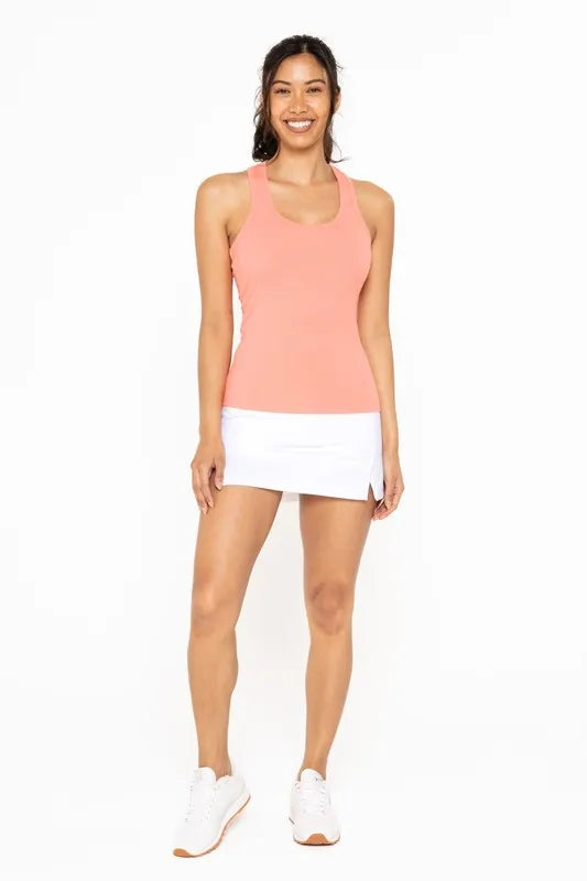 Slim fit scoop neck tank, moderately stretchy.