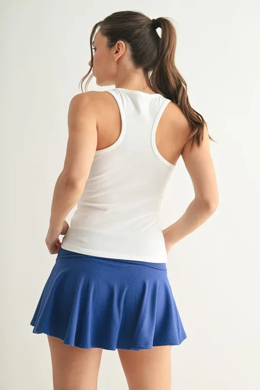 Slim fit scoop neck tank, moderately stretchy.