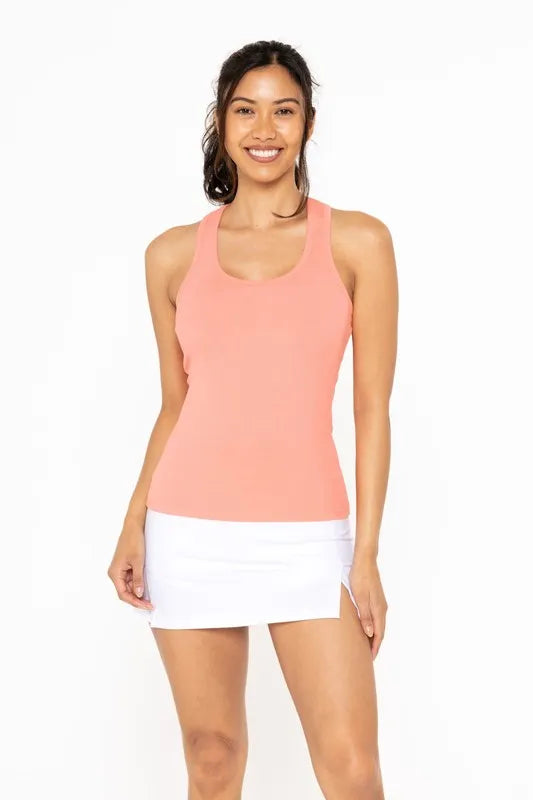 Slim fit scoop neck tank, moderately stretchy.