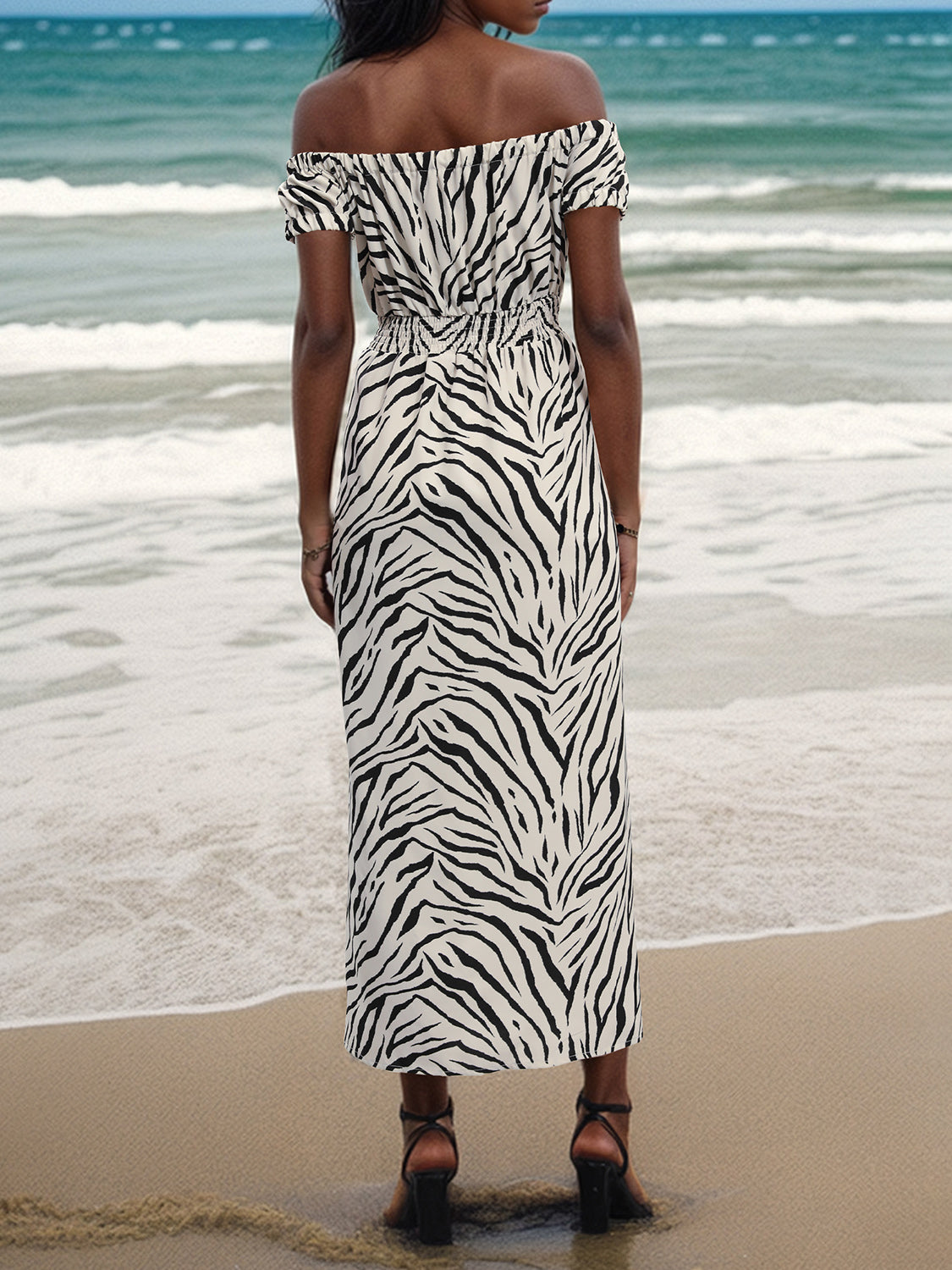 Perfee Slit Animal Print Off-Shoulder Midi Dress.