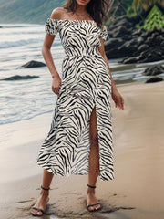 Perfee Slit Animal Print Off-Shoulder Midi Dress.