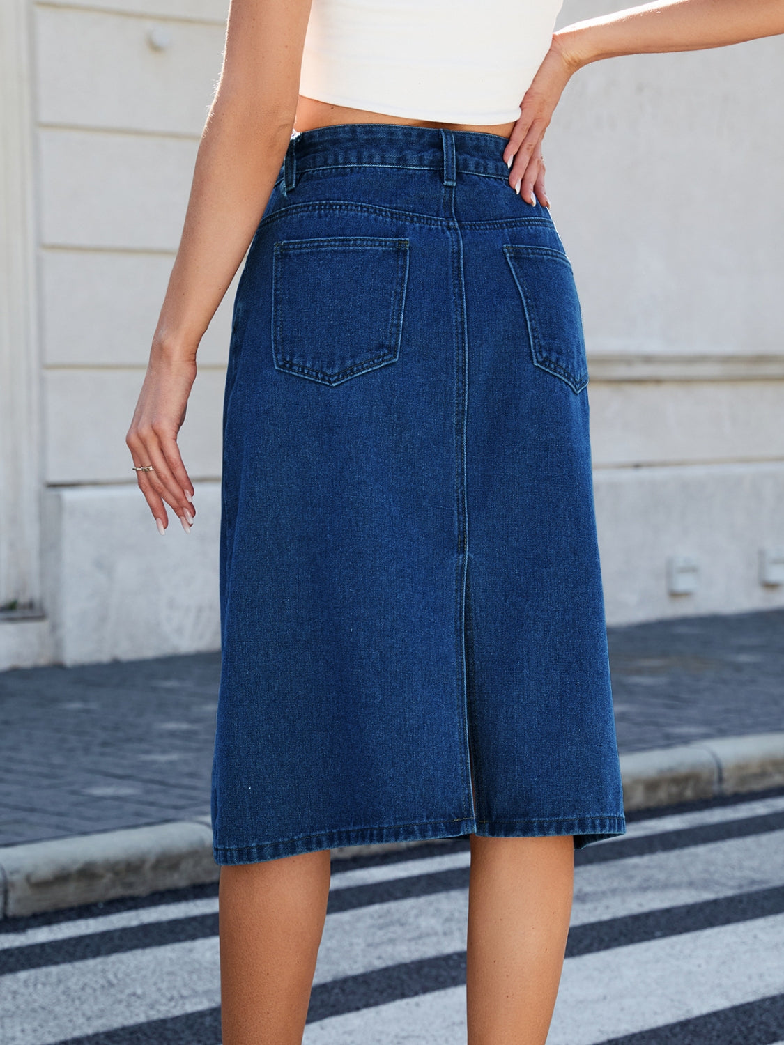 Slit Back Midi Denim Skirt.