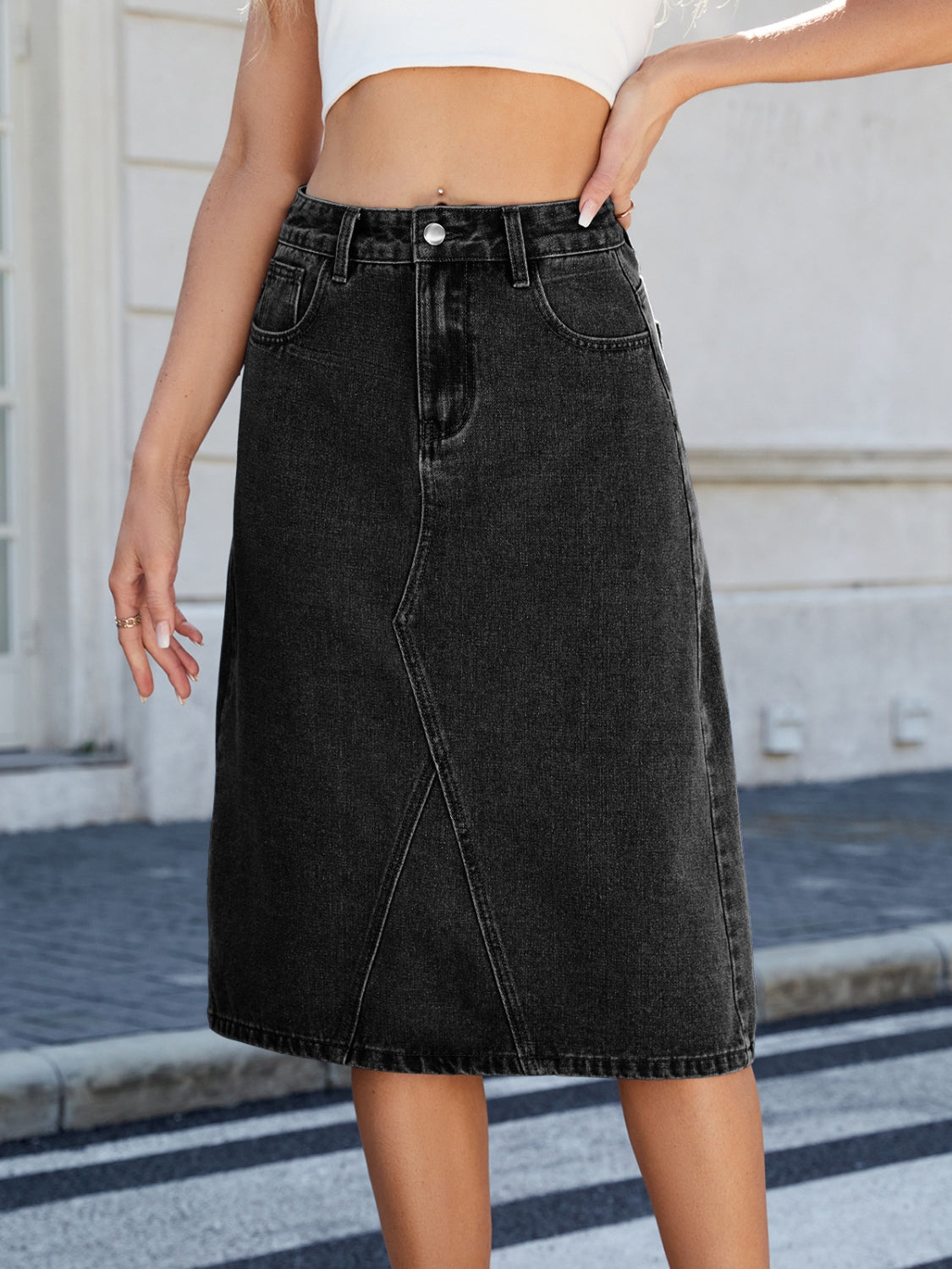 Slit Back Midi Denim Skirt.
