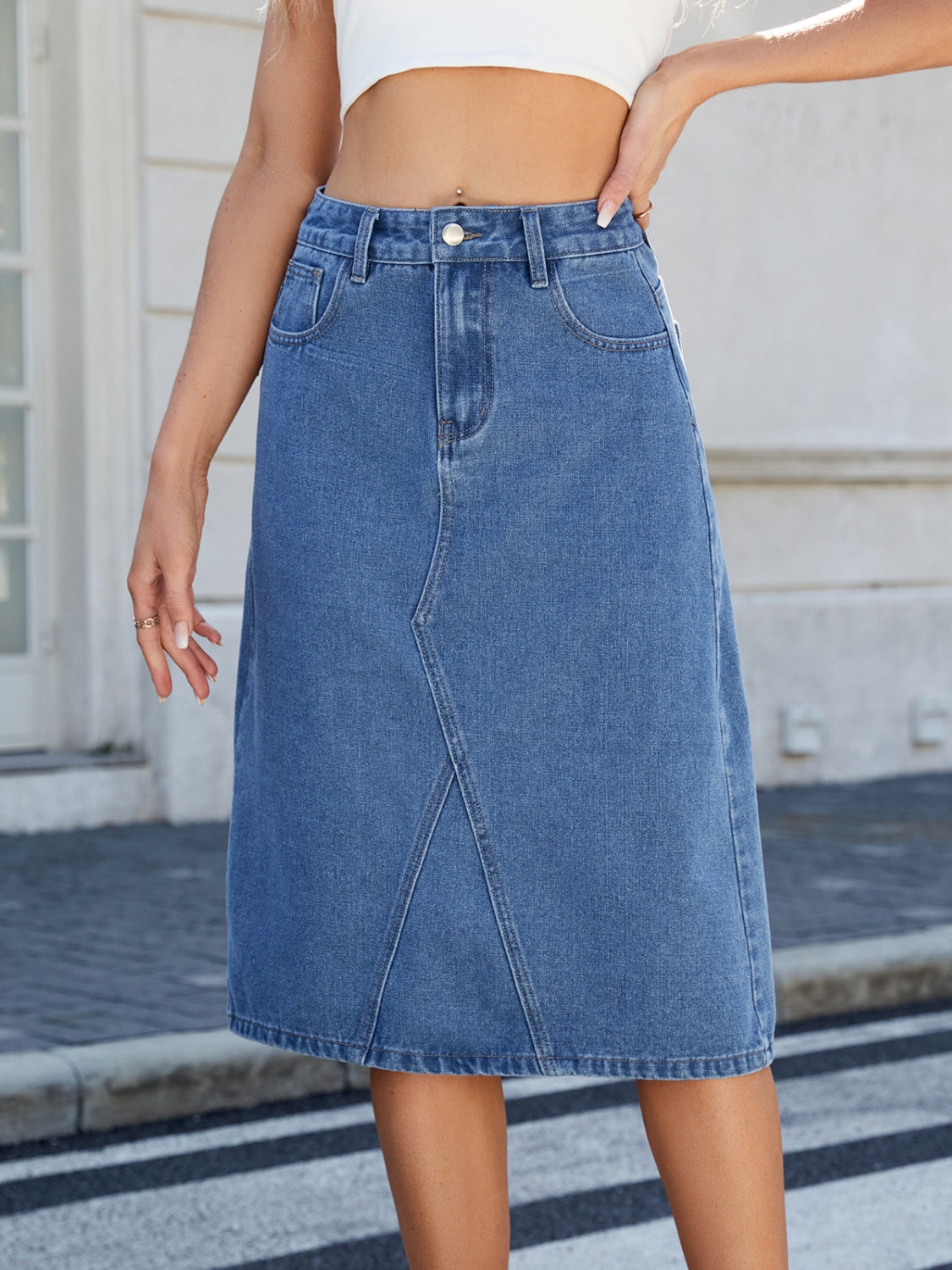 Slit Back Midi Denim Skirt.