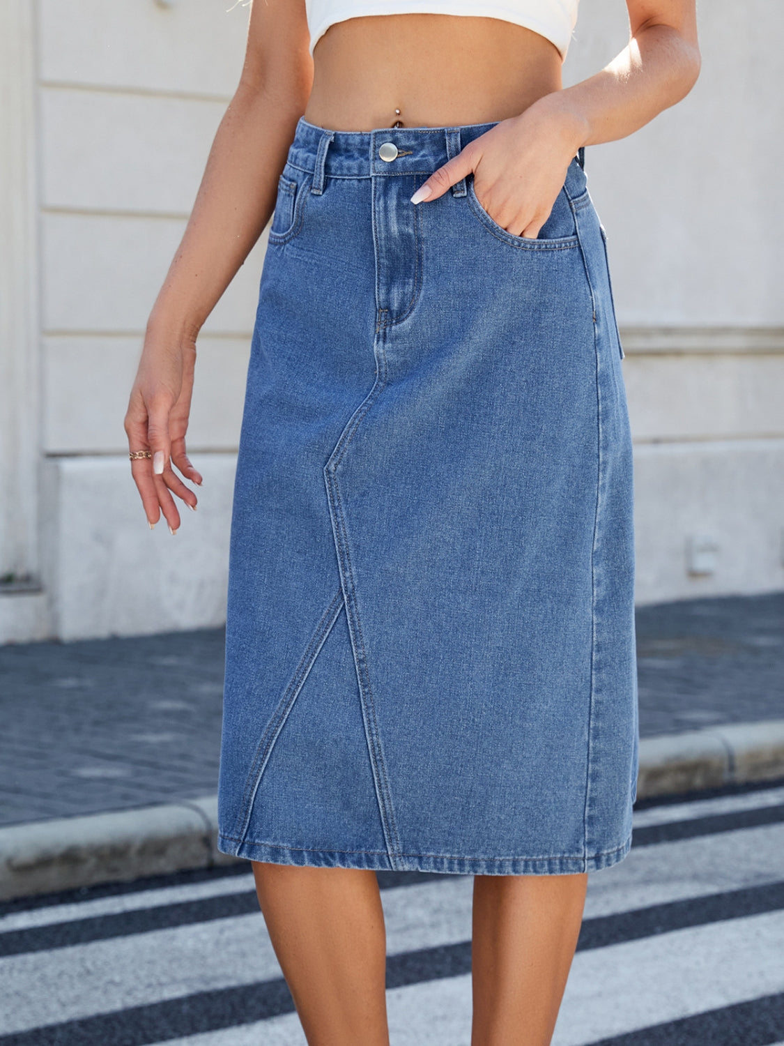 Slit Back Midi Denim Skirt.