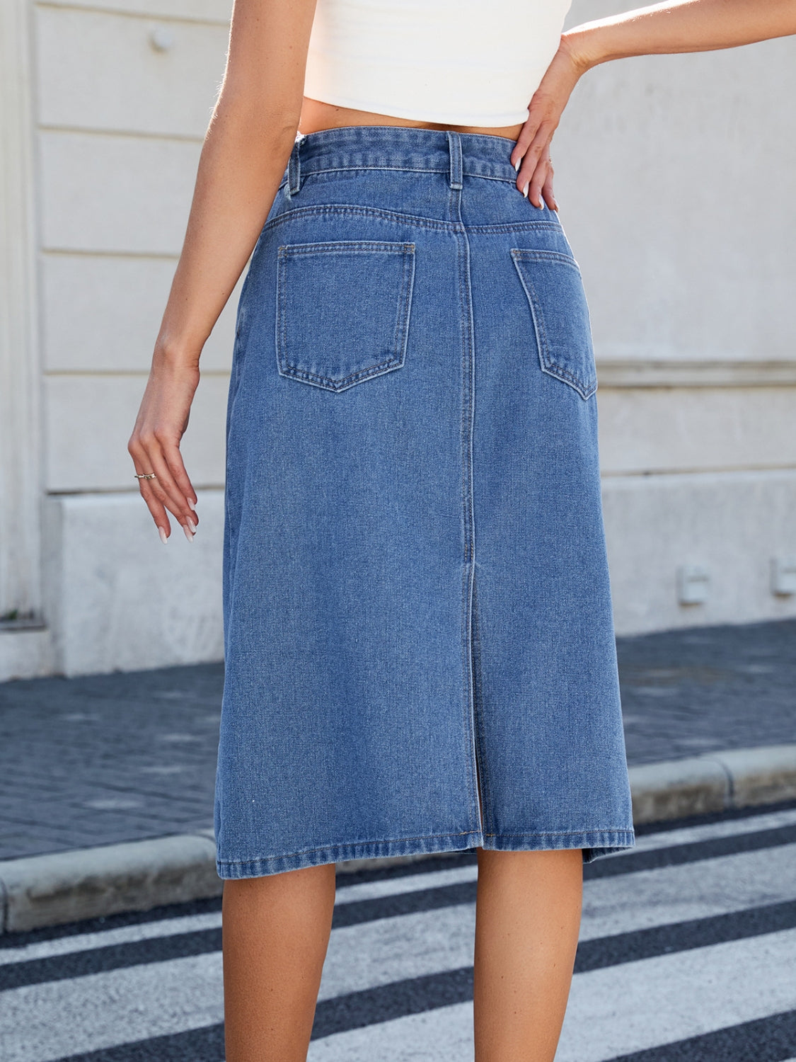 Slit Back Midi Denim Skirt.