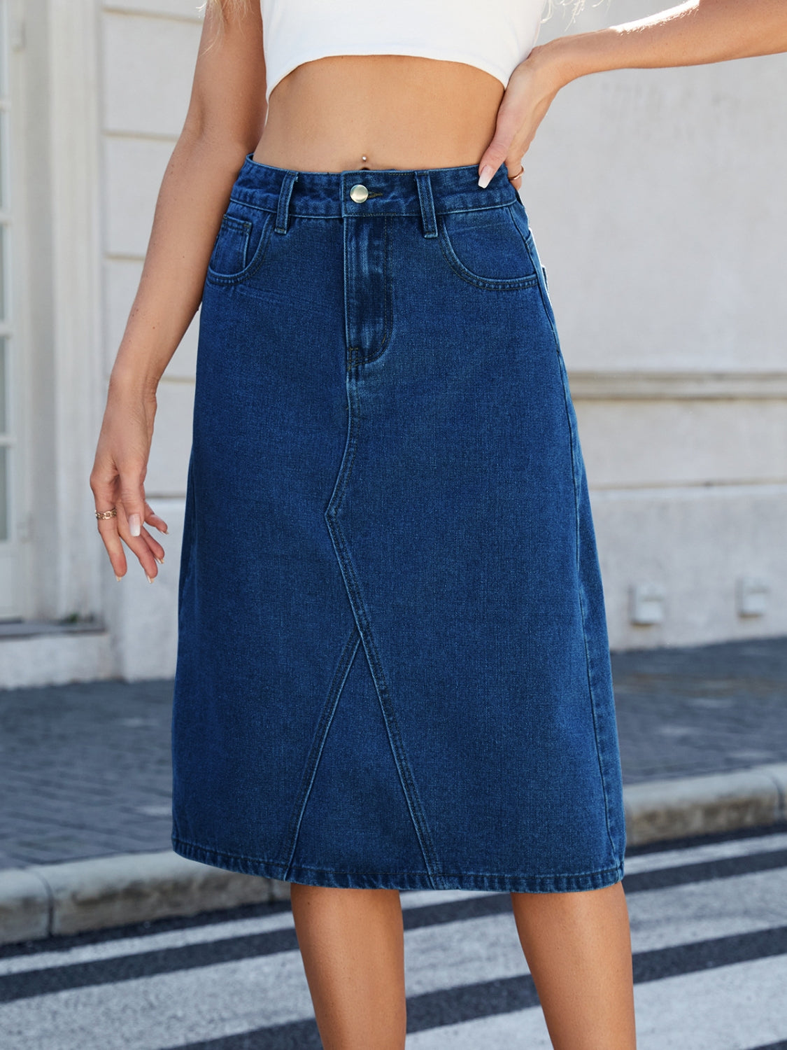 Slit Back Midi Denim Skirt.
