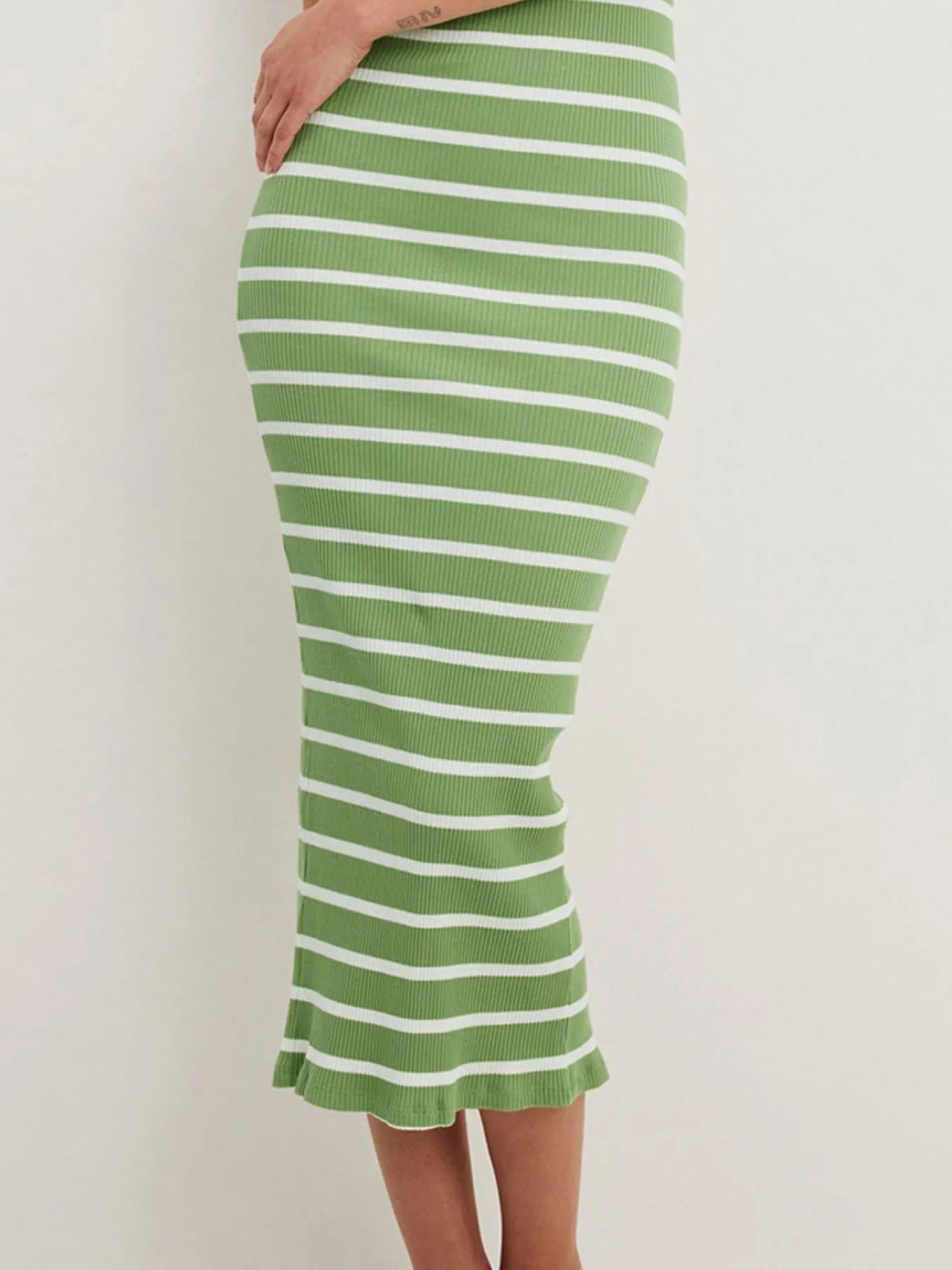 Slit Back Striped Strapless Bodycon Midi Dress.