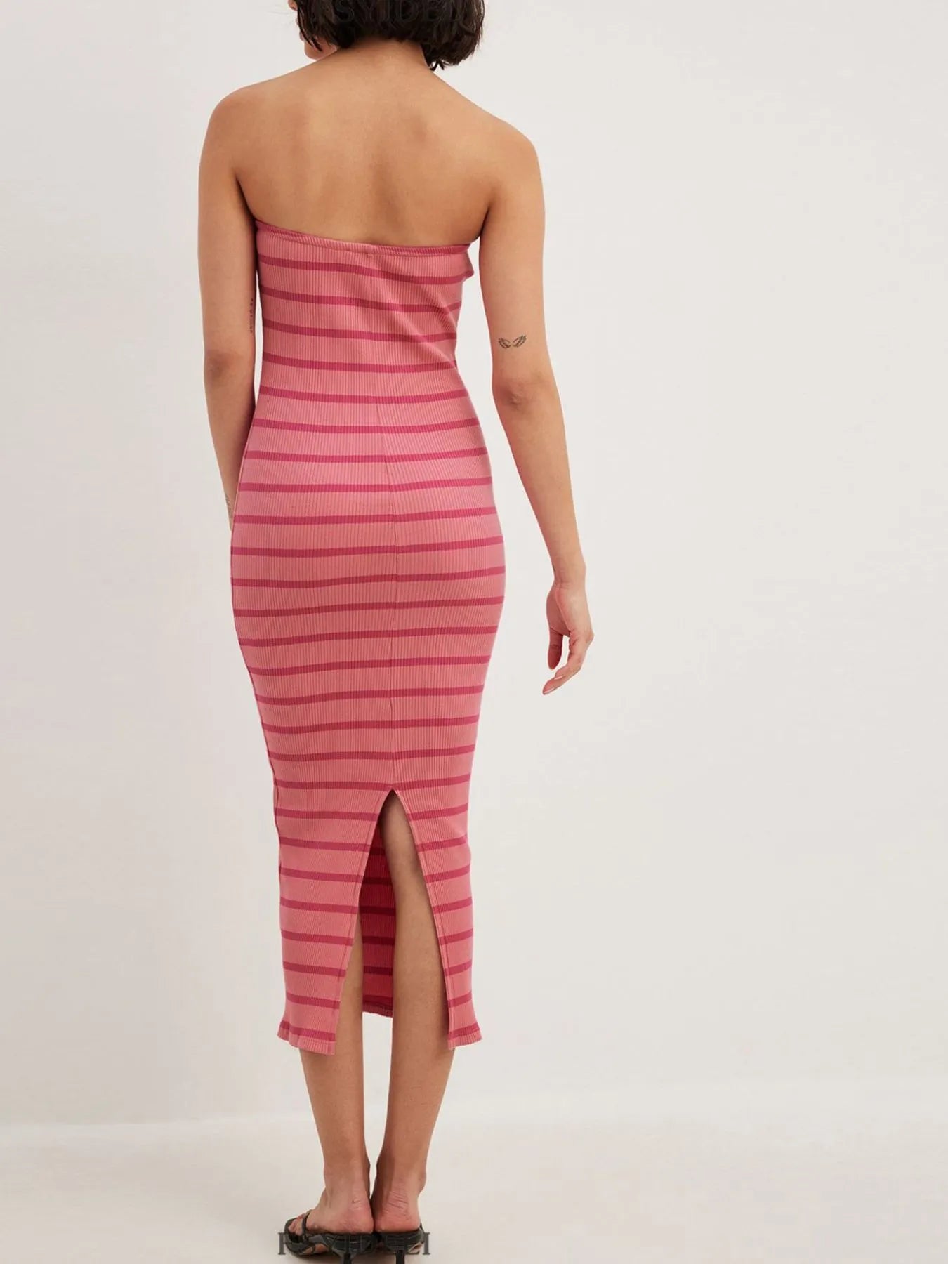 Slit Back Striped Strapless Bodycon Midi Dress.