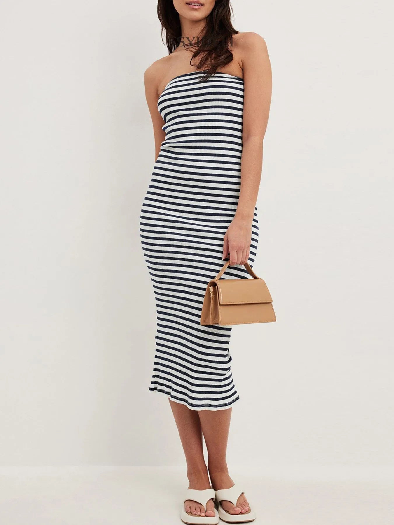 Slit Back Striped Strapless Bodycon Midi Dress.